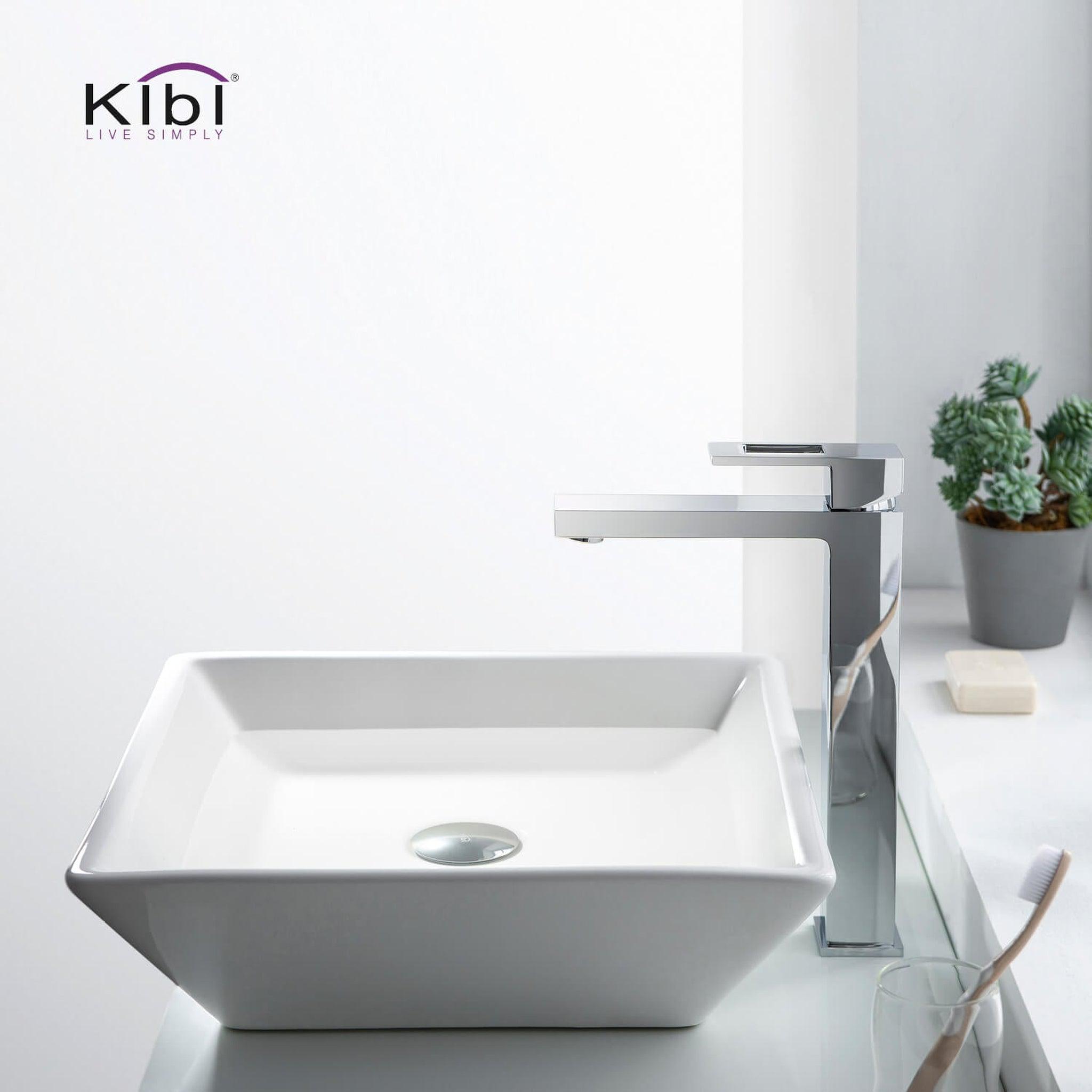 KIBI, KIBI Cubic Single Handle Chrome Solid Brass Bathroom Vessel Sink Faucet With Pop-Up Drain Stopper Small Cover Without Overflow