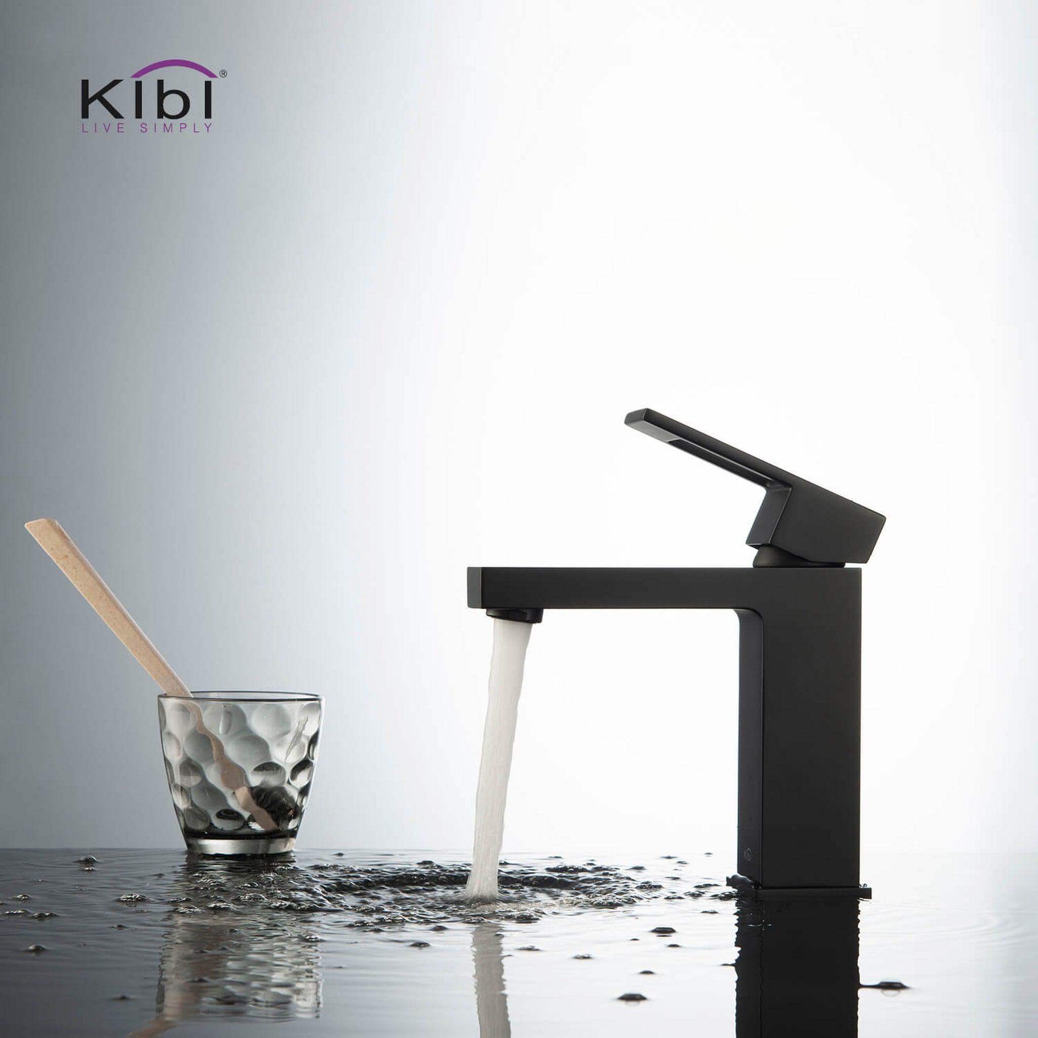 KIBI, KIBI Cubic Single Handle Matte Black Solid Brass Bathroom Vanity Sink Faucet With Pop-Up Drain Stopper Small Cover With Overflow