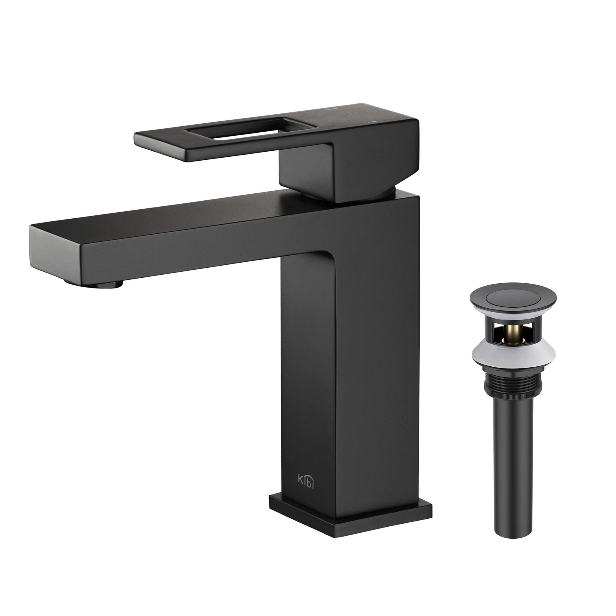 KIBI, KIBI Cubic Single Handle Matte Black Solid Brass Bathroom Vanity Sink Faucet With Pop-Up Drain Stopper Small Cover With Overflow