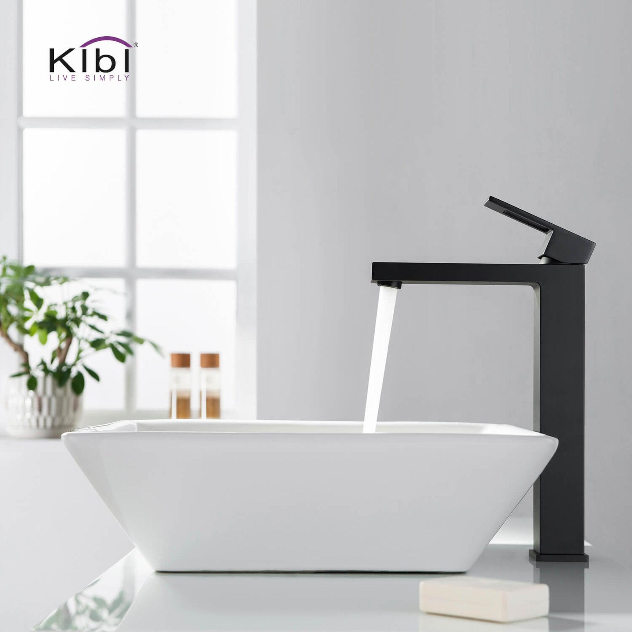 KIBI, KIBI Cubic Single Handle Matte Black Solid Brass Bathroom Vessel Sink Faucet With Pop-Up Drain Stopper Small Cover Without Overflow