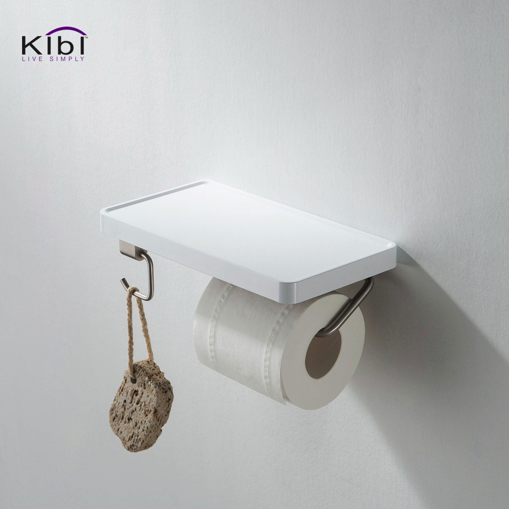 KIBI, KIBI Deco Bathroom Tissue Holder With Shelf and Hook in Brushed Nickel Finish