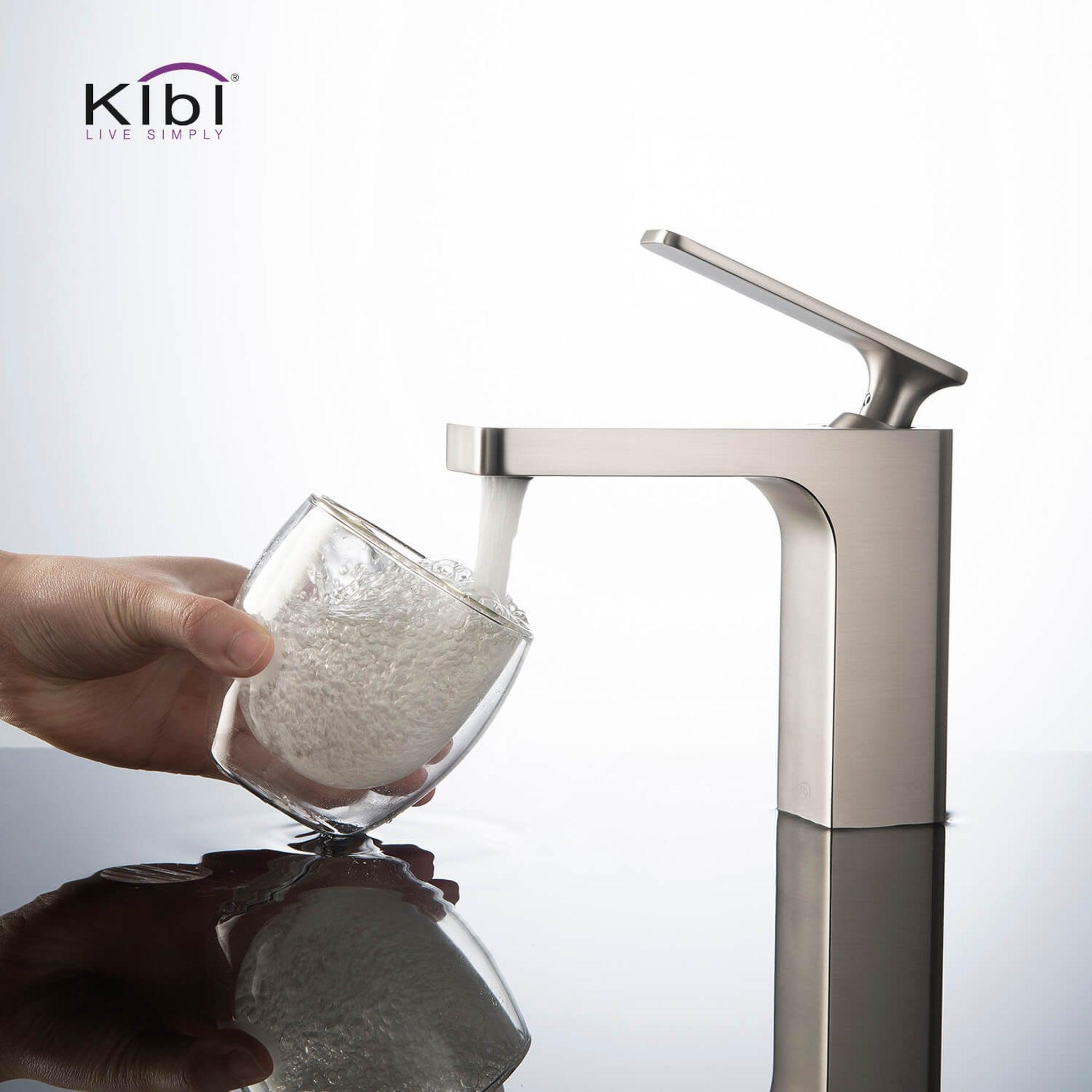 KIBI, KIBI Infinity Single Handle Brushed Nickel Solid Brass Bathroom Vanity Sink Faucet With Pop-Up Drain Stopper Small Cover With Overflow