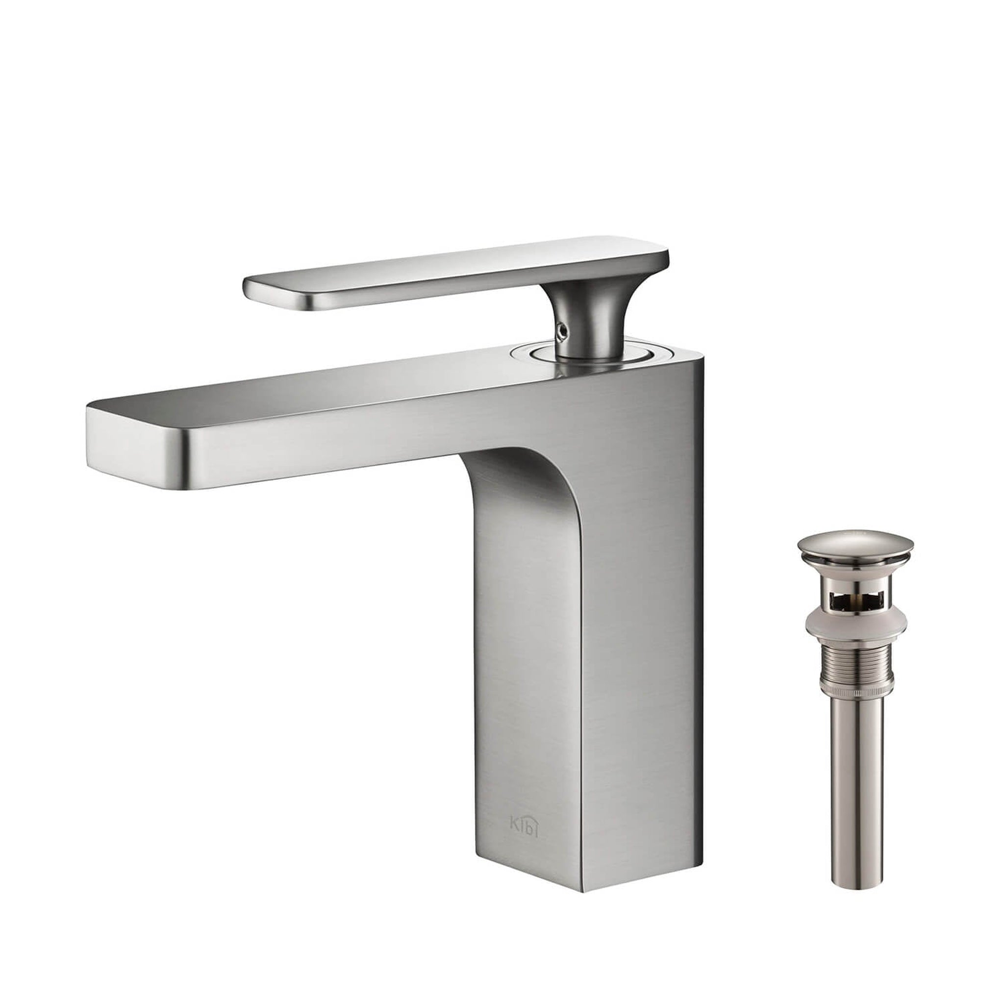 KIBI, KIBI Infinity Single Handle Brushed Nickel Solid Brass Bathroom Vanity Sink Faucet With Pop-Up Drain Stopper Small Cover With Overflow