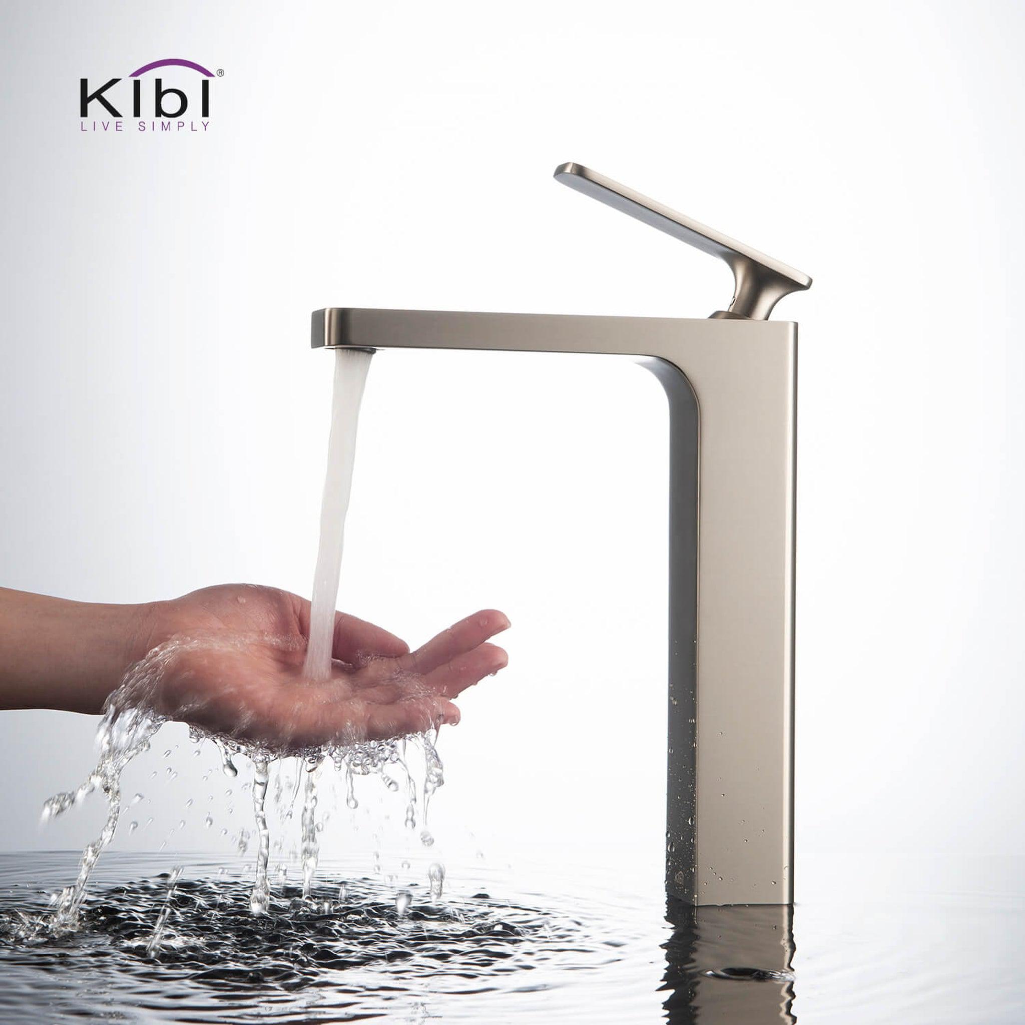 KIBI, KIBI Infinity Single Handle Brushed Nickel Solid Brass Bathroom Vanity Vessel Sink Faucet With Pop-Up Drain Stopper Small Cover Without Overflow