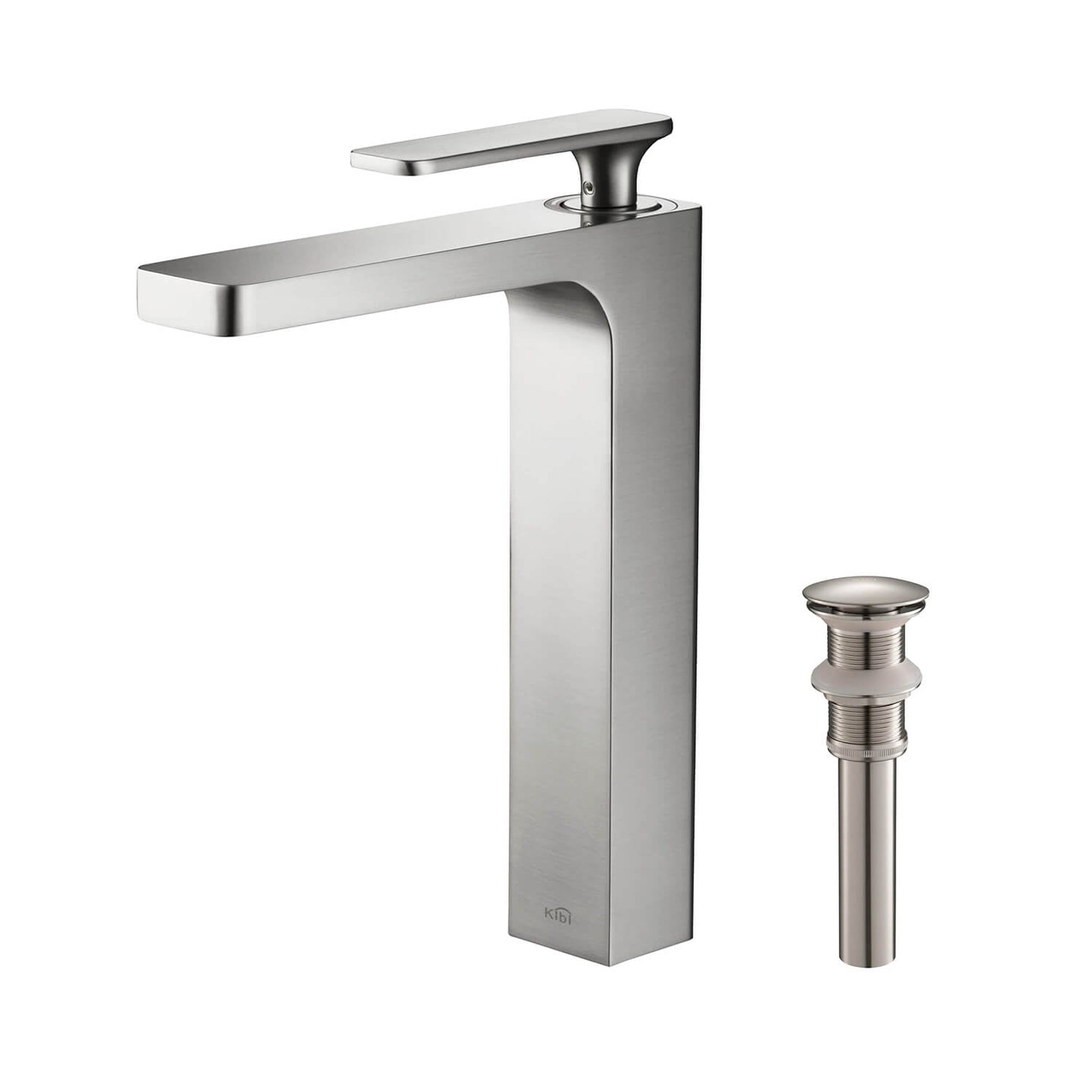 KIBI, KIBI Infinity Single Handle Brushed Nickel Solid Brass Bathroom Vanity Vessel Sink Faucet With Pop-Up Drain Stopper Small Cover Without Overflow