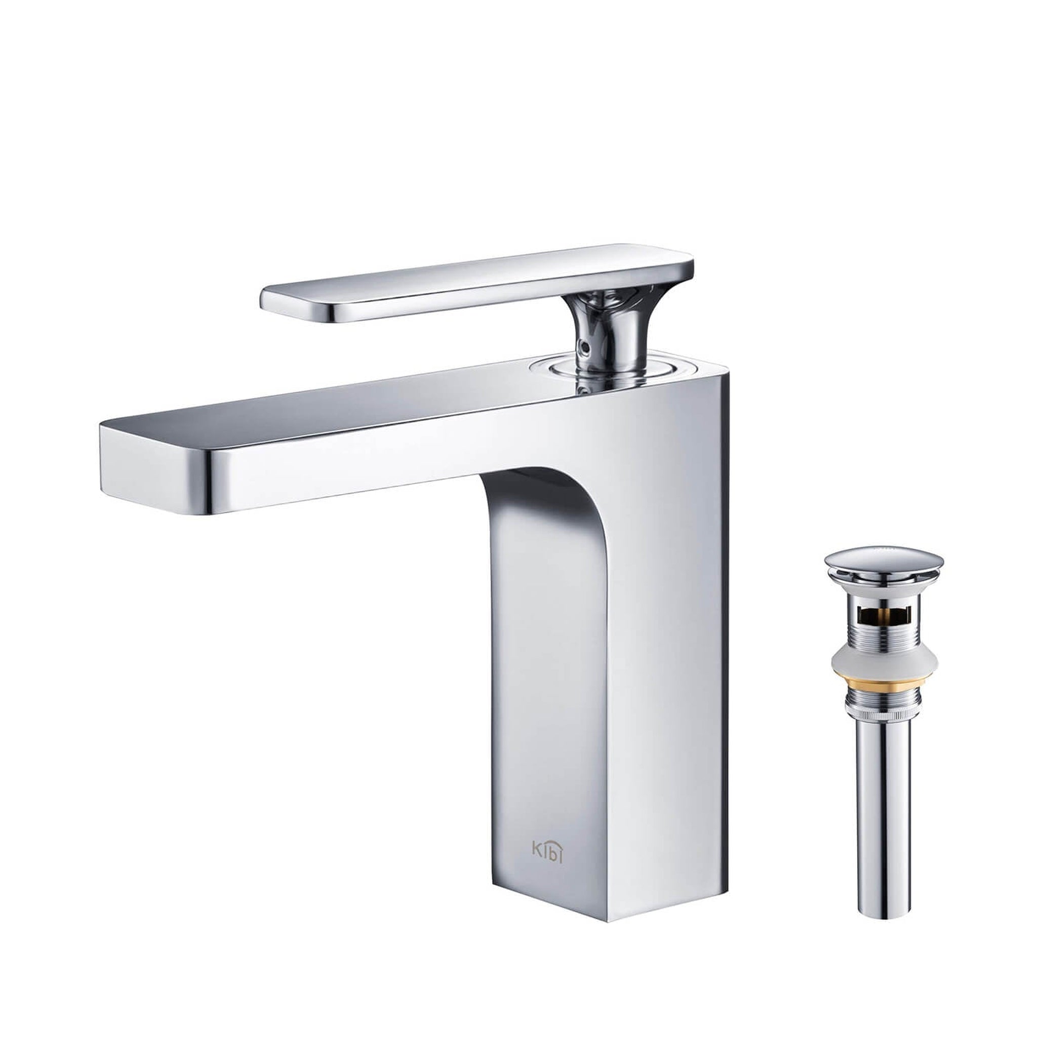 KIBI, KIBI Infinity Single Handle Chrome Solid Brass Bathroom Vanity Sink Faucet With Pop-Up Drain Stopper Small Cover With Overflow