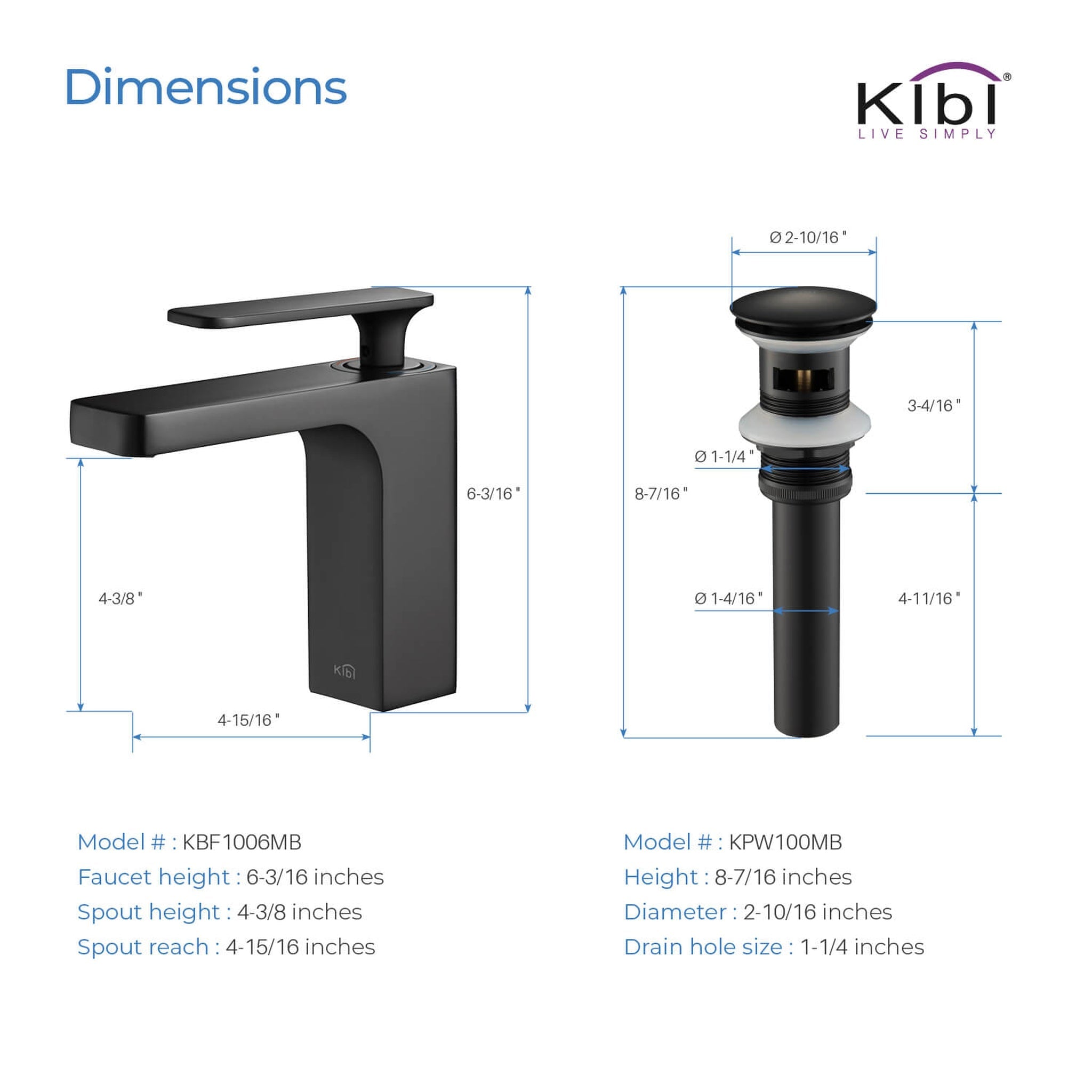 KIBI, KIBI Infinity Single Handle Matte Black Solid Brass Bathroom Vanity Sink Faucet With Pop-Up Drain Stopper Small Cover With Overflow