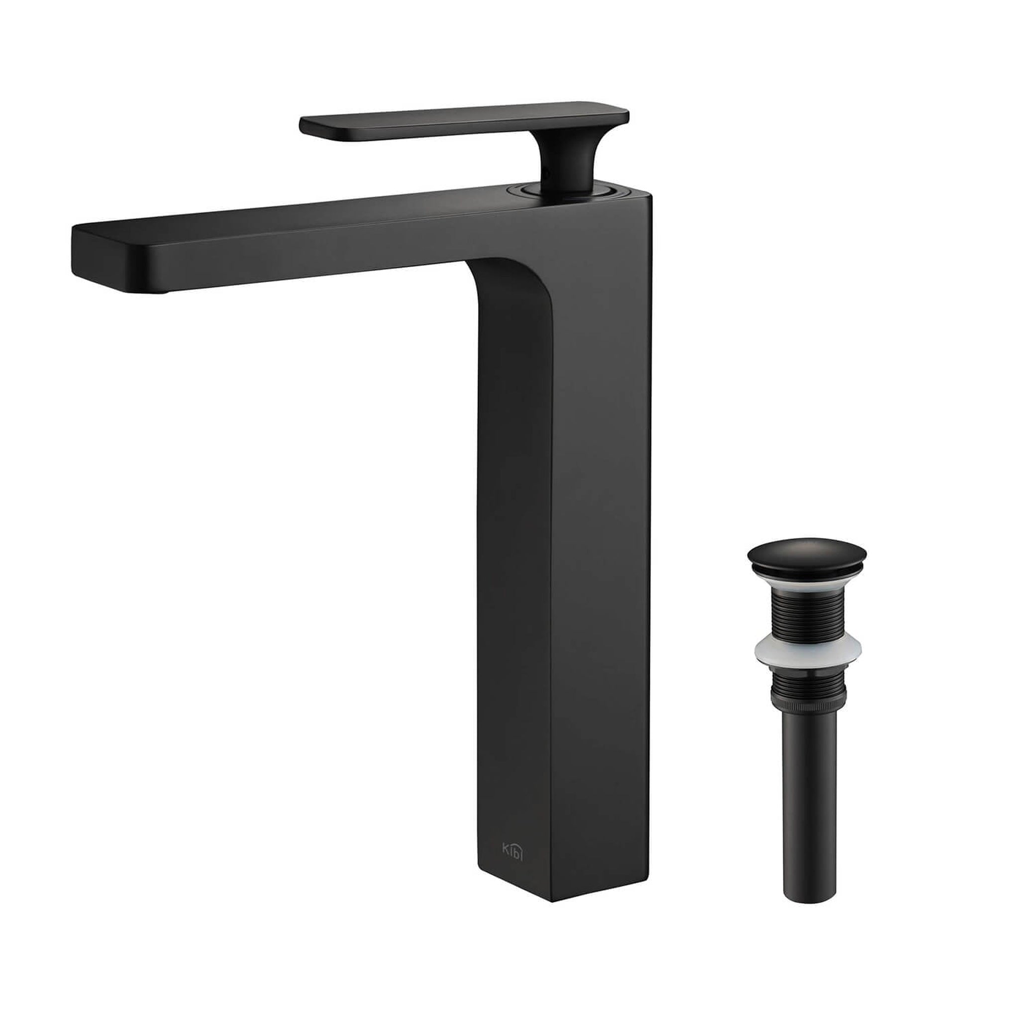 KIBI, KIBI Infinity Single Handle Matte Black Solid Brass Bathroom Vanity Vessel Sink Faucet With Pop-Up Drain Stopper Small Cover Without Overflow