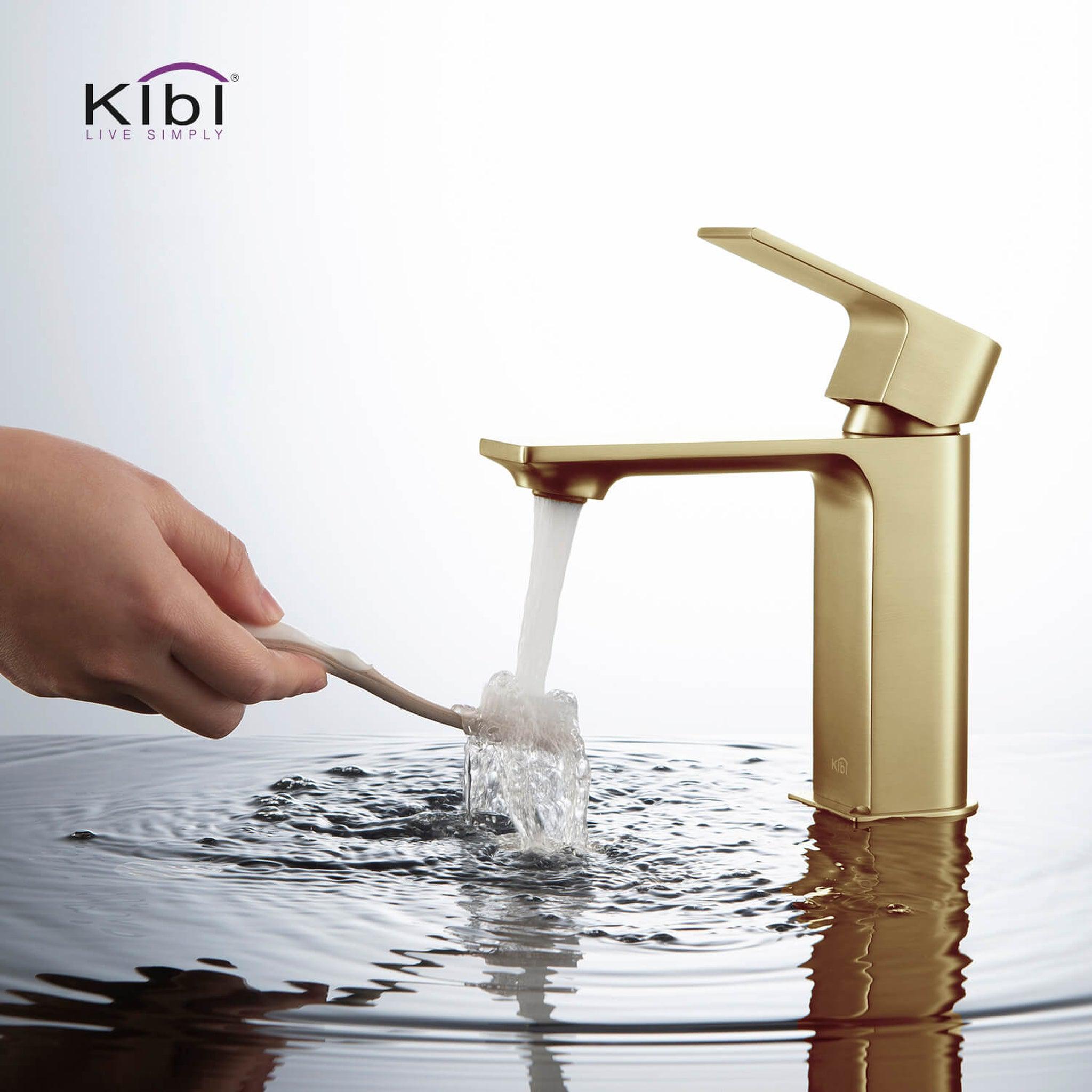 KIBI, KIBI Mirage Single Handle Brushed Gold Solid Brass Bathroom Vanity Sink Faucet With Pop-Up Drain Stopper Small Cover With Overflow