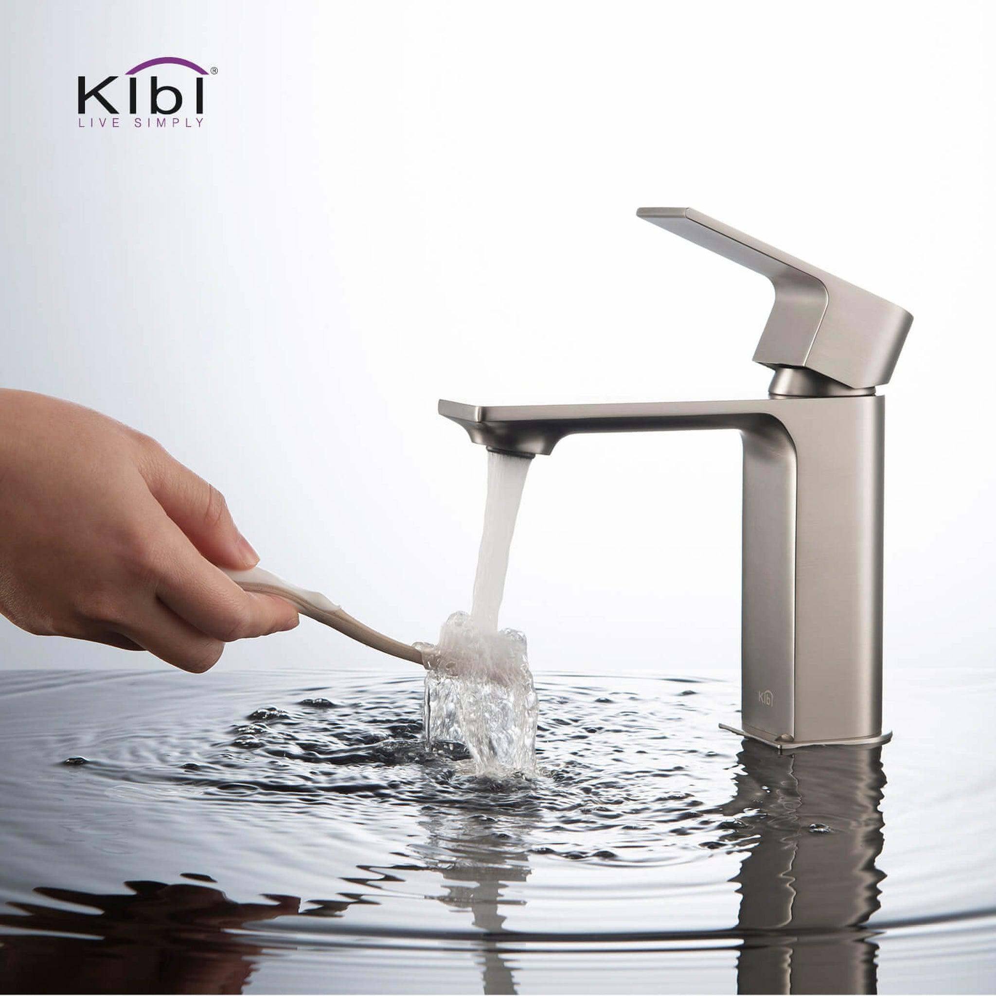 KIBI, KIBI Mirage Single Handle Brushed Nickel Solid Brass Bathroom Vanity Sink Faucet With Pop-Up Drain Stopper Small Cover With Overflow