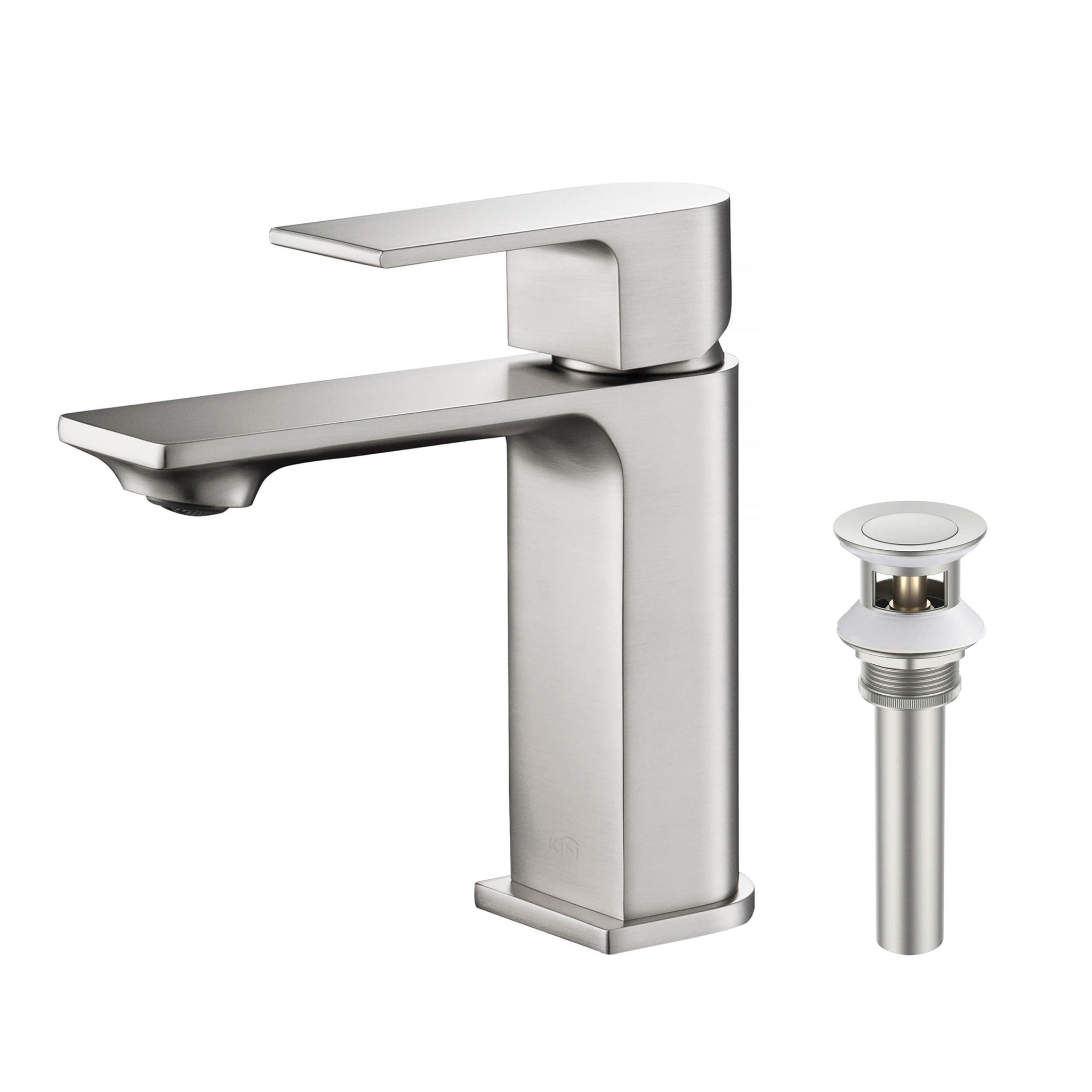 KIBI, KIBI Mirage Single Handle Brushed Nickel Solid Brass Bathroom Vanity Sink Faucet With Pop-Up Drain Stopper Small Cover With Overflow