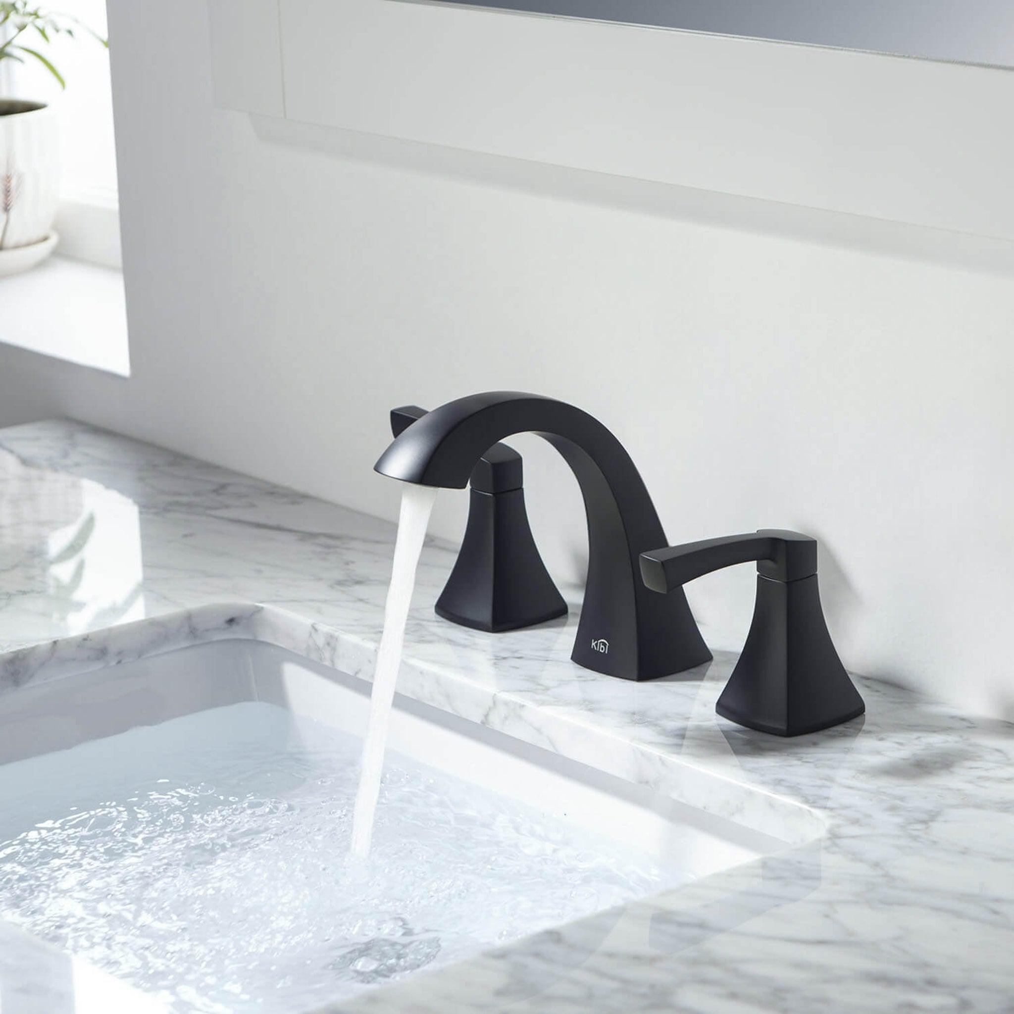 KIBI, KIBI Pyramid 8" Widespread Matte Black Solid Brass Bathroom Sink Faucet With Pop-Up Drain Assembly