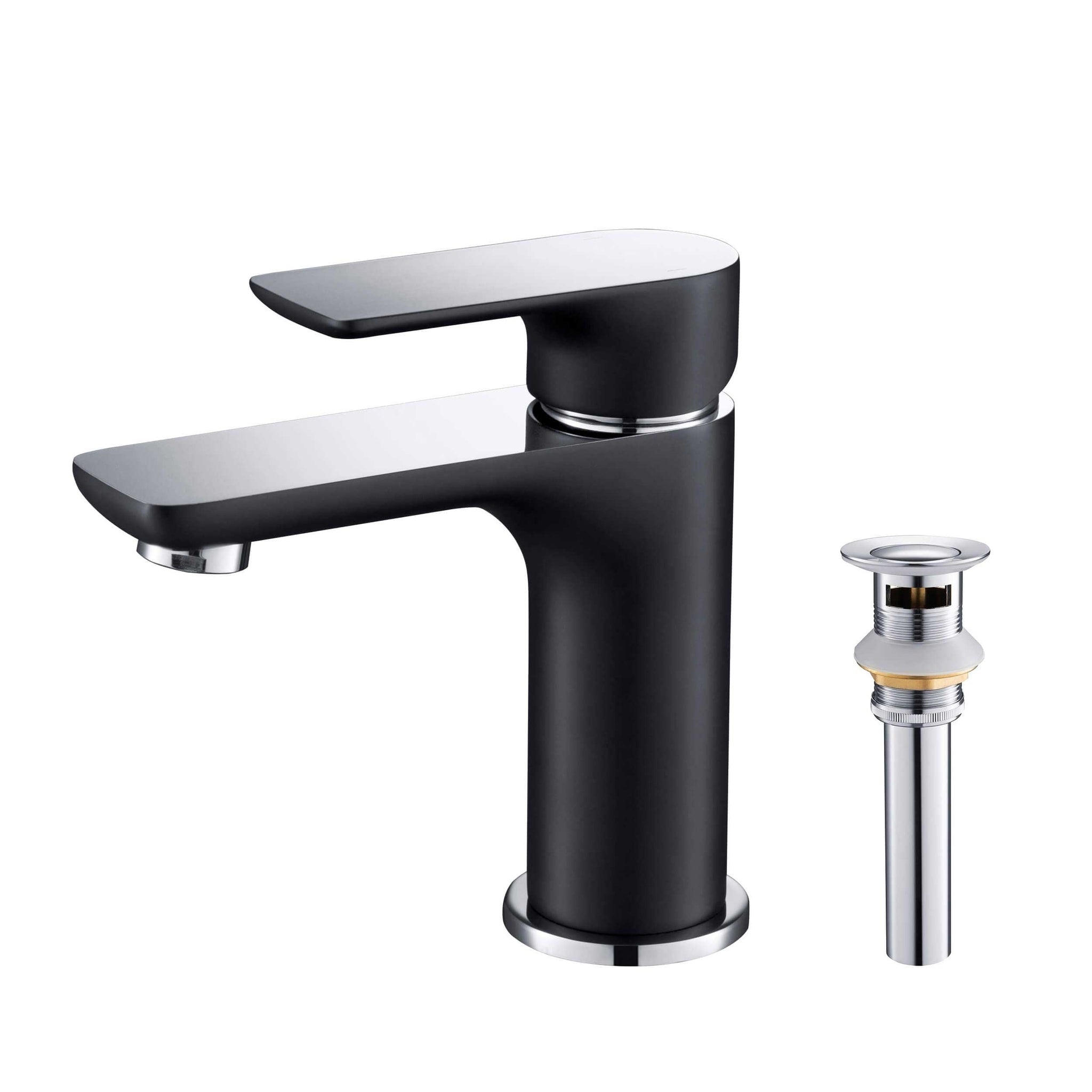 KIBI, KIBI Tender Single Handle Black Solid Brass Bathroom Sink Faucet With Chrome Pop-Up Drain Stopper Small Cover With Overflow