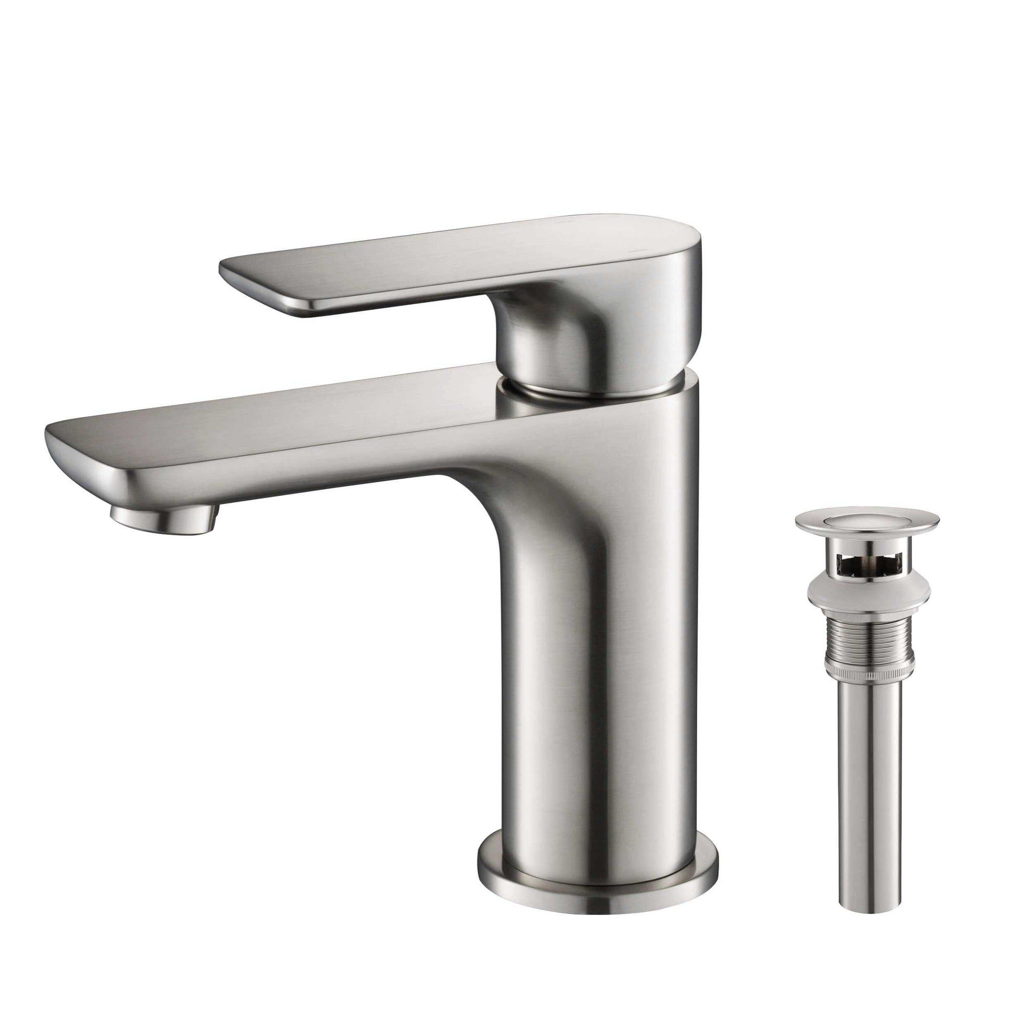 KIBI, KIBI Tender Single Handle Brushed Nickel Solid Brass Bathroom Sink Faucet With Pop-Up Drain Stopper Small Cover With Overflow