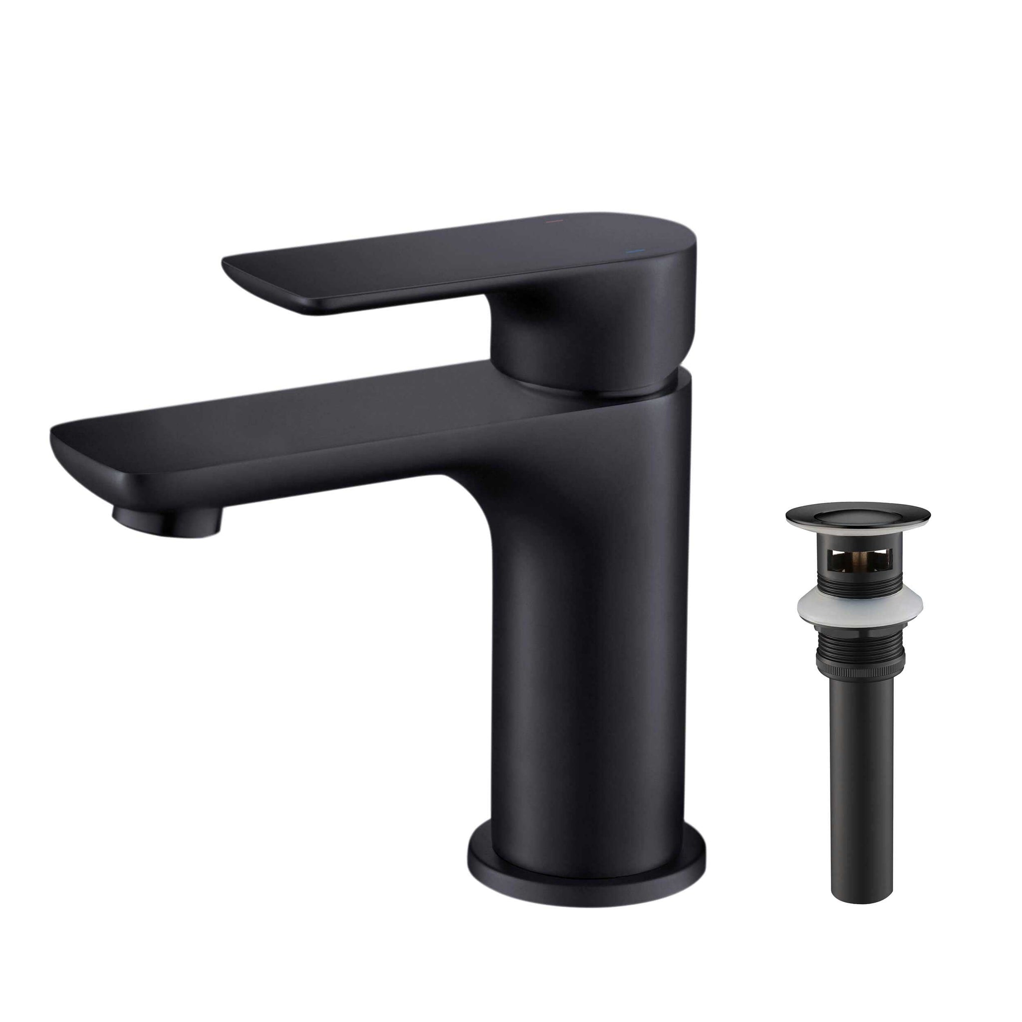 KIBI, KIBI Tender Single Handle Matte Black Solid Brass Bathroom Sink Faucet With Pop-Up Drain Stopper Small Cover With Overflow