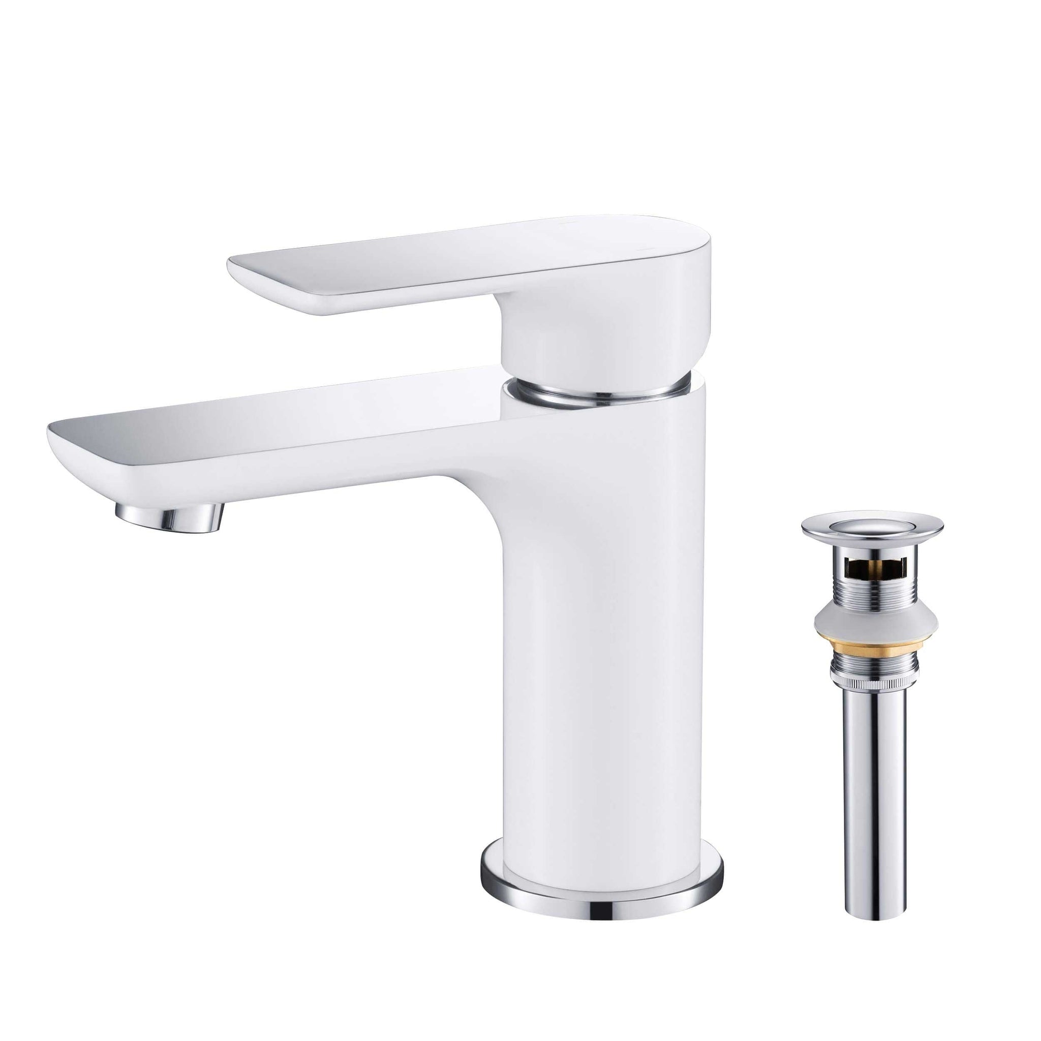 KIBI, KIBI Tender Single Handle White Solid Brass Bathroom Sink Faucet With Chrome Pop-Up Drain Stopper Small Cover With Overflow