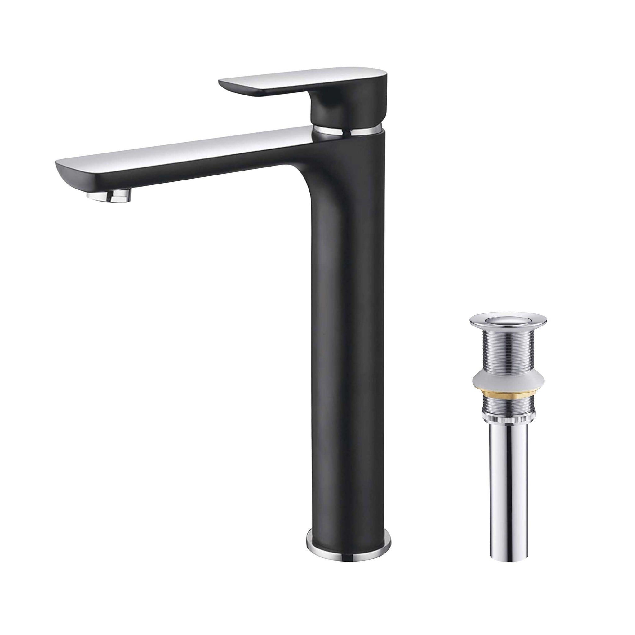 KIBI, KIBI Tender-T Single Handle Black Solid Brass Bathroom Vessel Sink Faucet With Chrome  Pop-Up Drain Stopper Small Cover Without Overflow