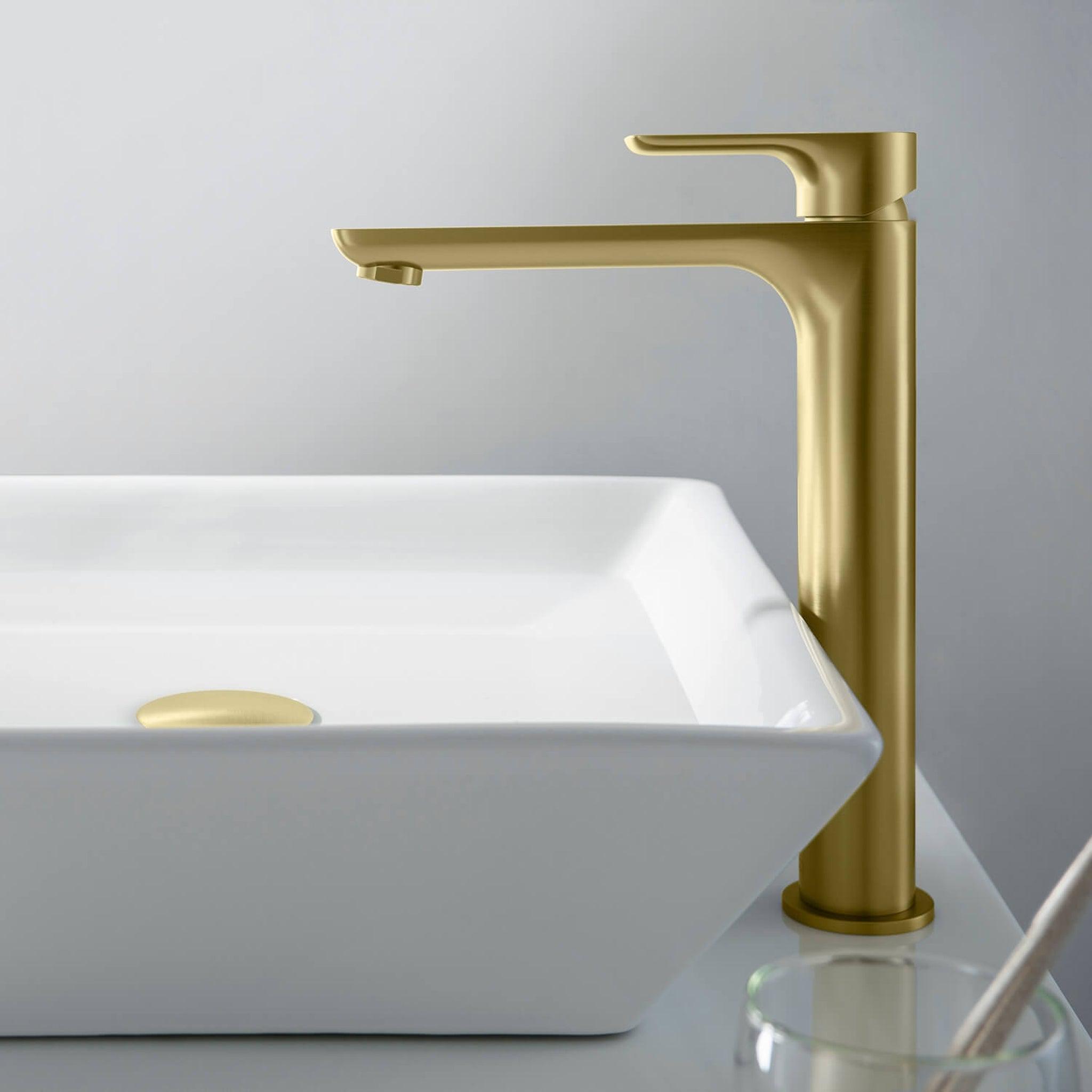 KIBI, KIBI Tender-T Single Handle Brushed Gold Solid Brass Bathroom Vessel Sink Faucet With Pop-Up Drain Stopper Small Cover Without Overflow