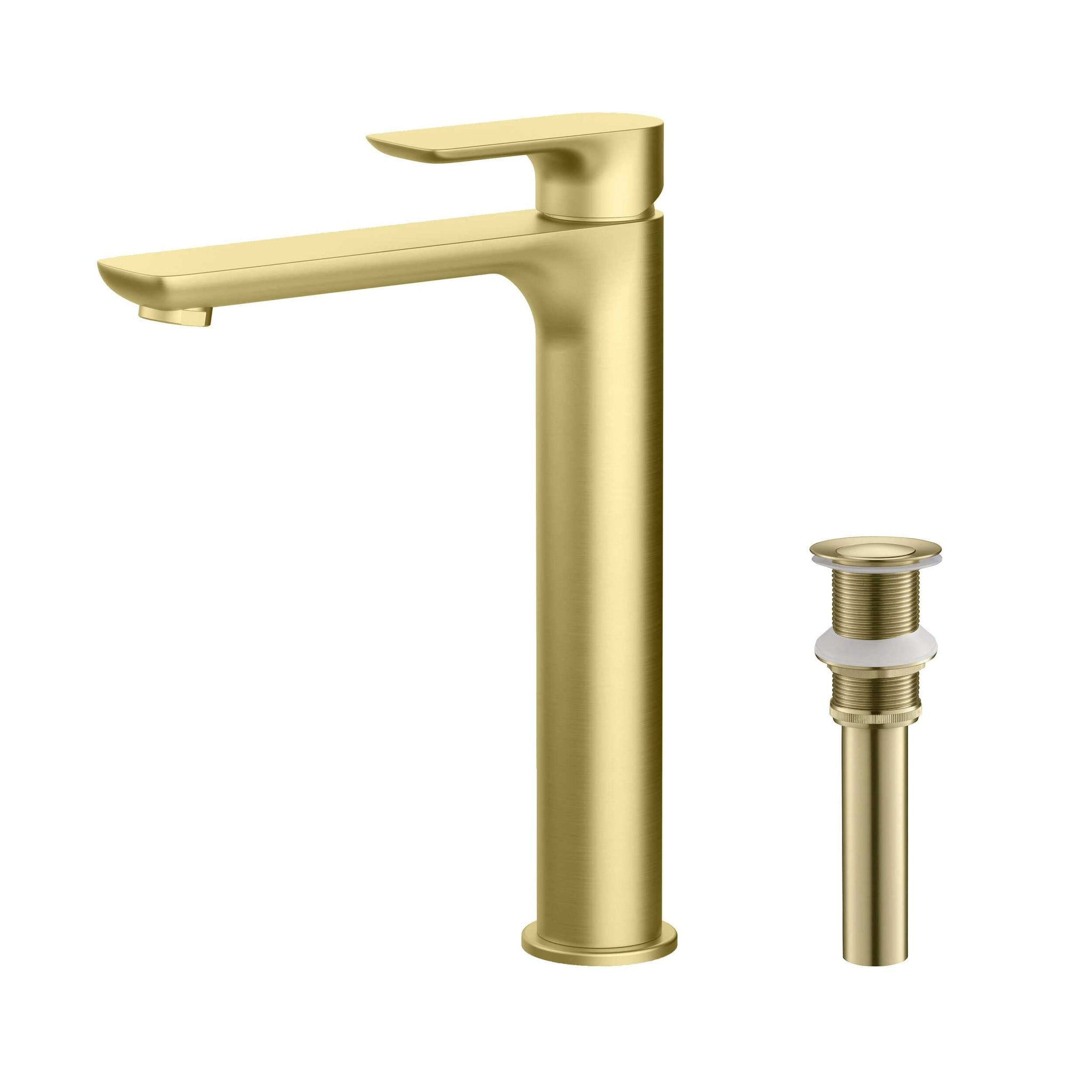 KIBI, KIBI Tender-T Single Handle Brushed Gold Solid Brass Bathroom Vessel Sink Faucet With Pop-Up Drain Stopper Small Cover Without Overflow
