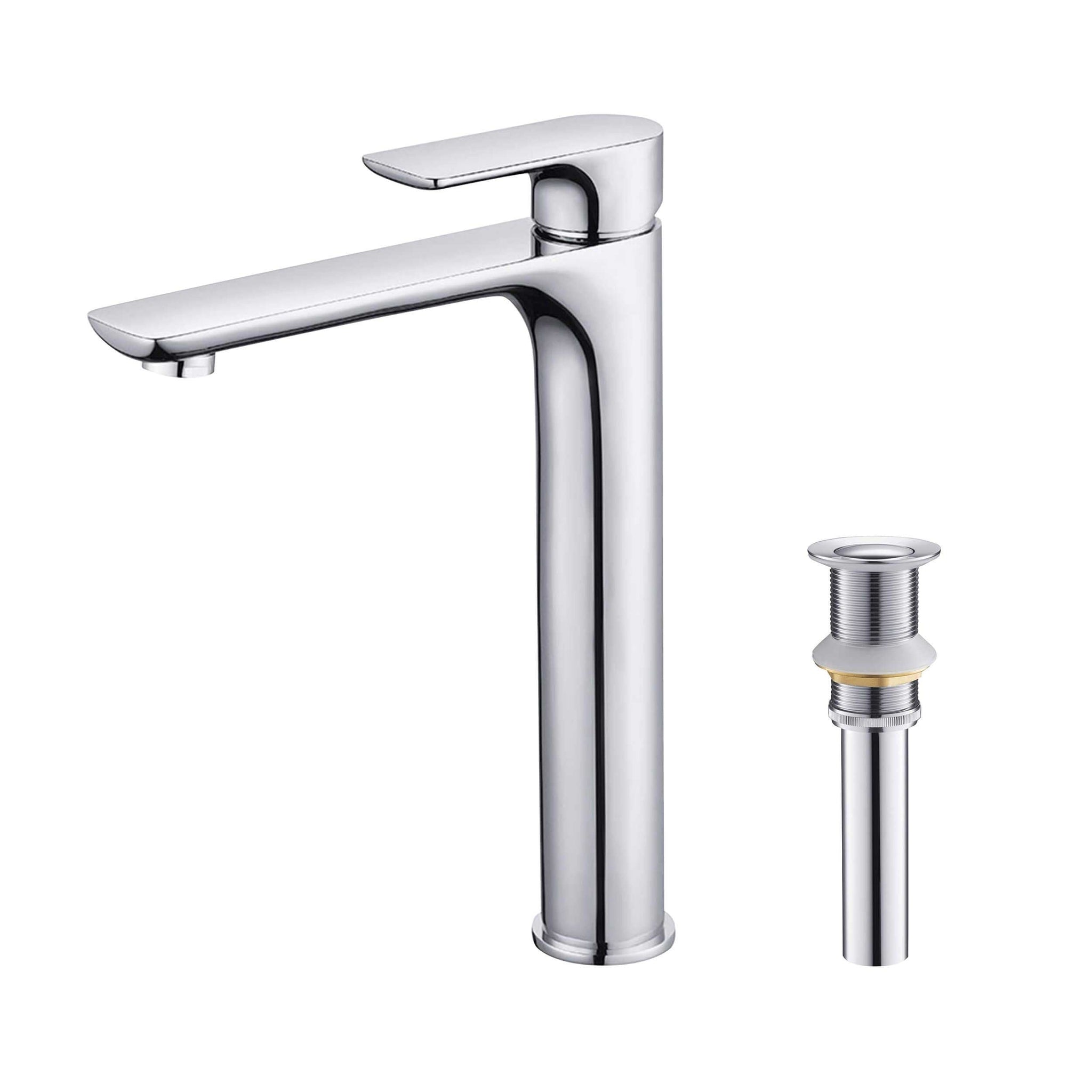 KIBI, KIBI Tender-T Single Handle Chrome Solid Brass Bathroom Vessel Sink Faucet With Pop-Up Drain Stopper Small Cover Without Overflow