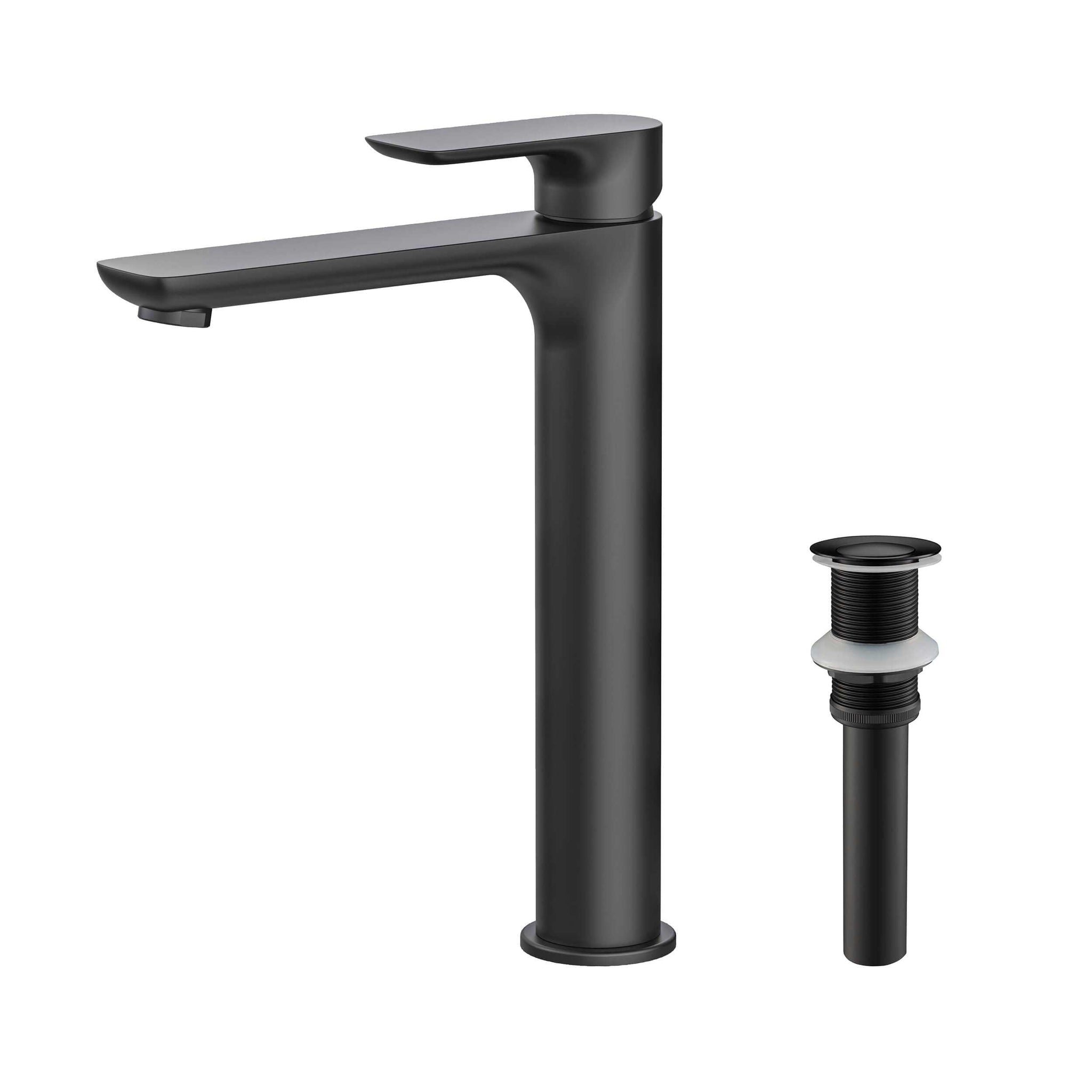 KIBI, KIBI Tender-T Single Handle Matte Black Solid Brass Bathroom Vessel Sink Faucet With Pop-Up Drain Stopper Small Cover Without Overflow