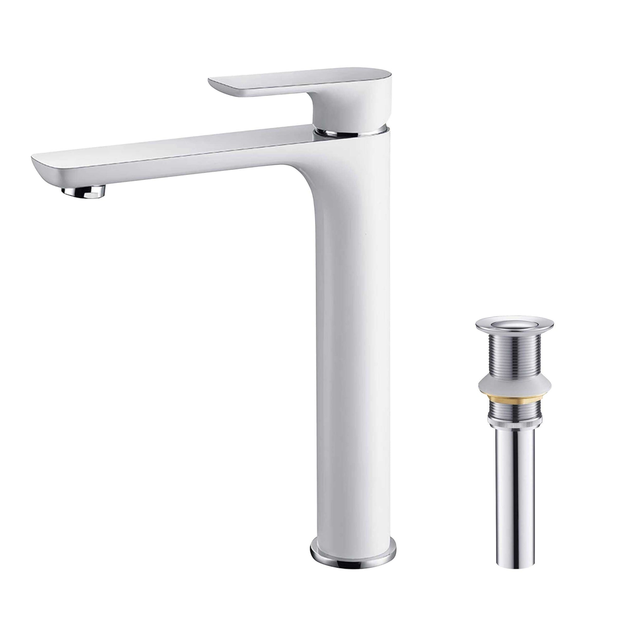 KIBI, KIBI Tender-T Single Handle White Solid Brass Bathroom Vessel Sink Faucet With Chrome Pop-Up Drain Stopper Small Cover Without Overflow