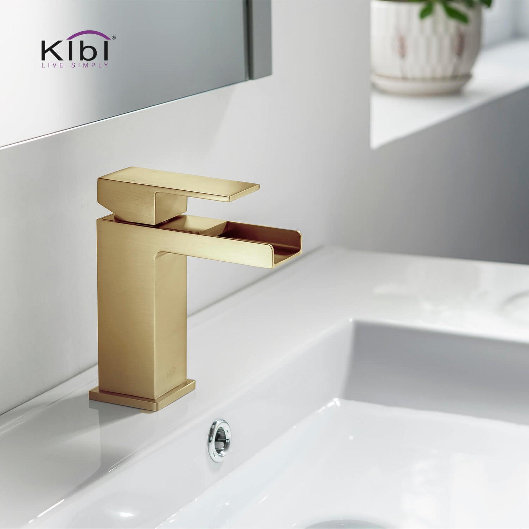 KIBI, KIBI Waterfall Single Handle Brushed Gold Solid Brass Bathroom Vanity Sink Faucet