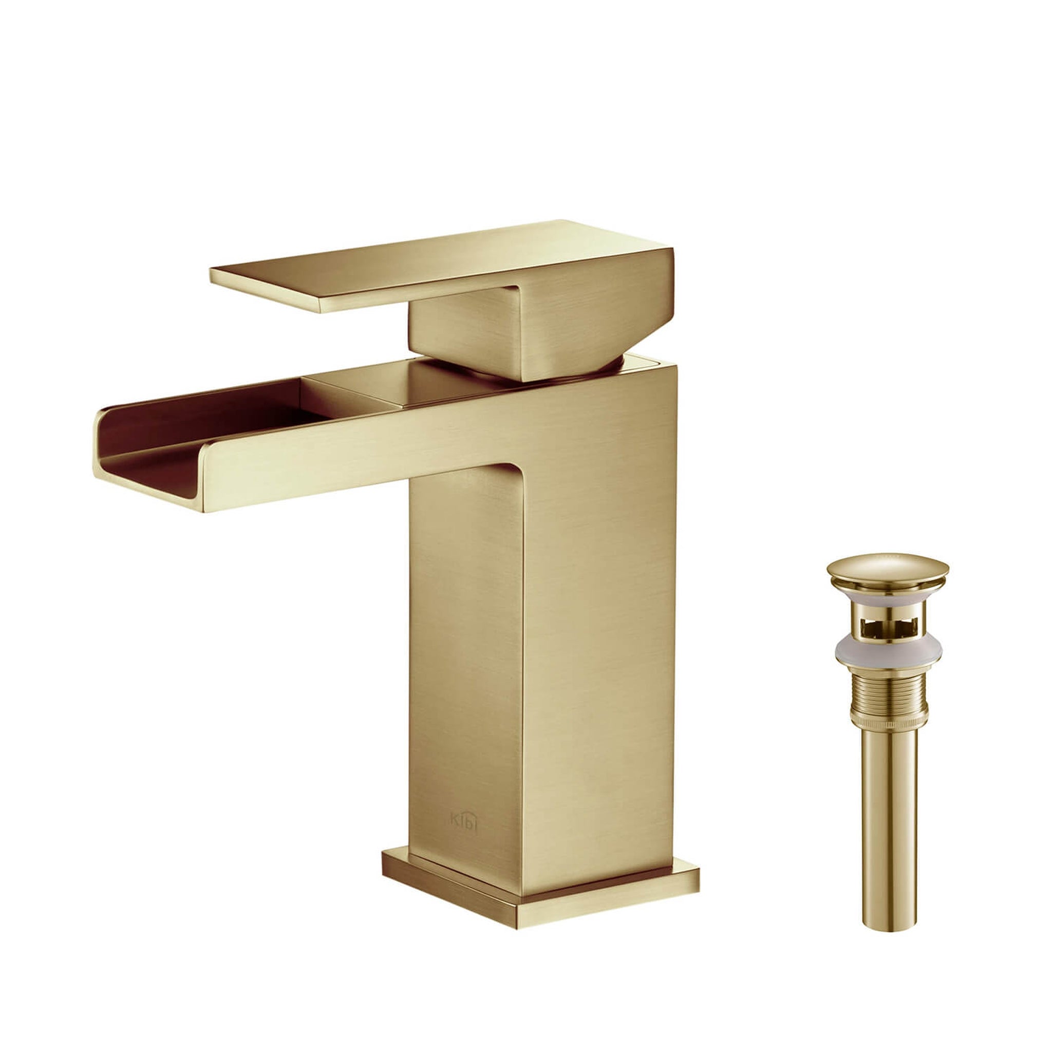 KIBI, KIBI Waterfall Single Handle Brushed Gold Solid Brass Bathroom Vanity Sink Faucet With Pop-Up Drain Stopper Small Cover With Overflow