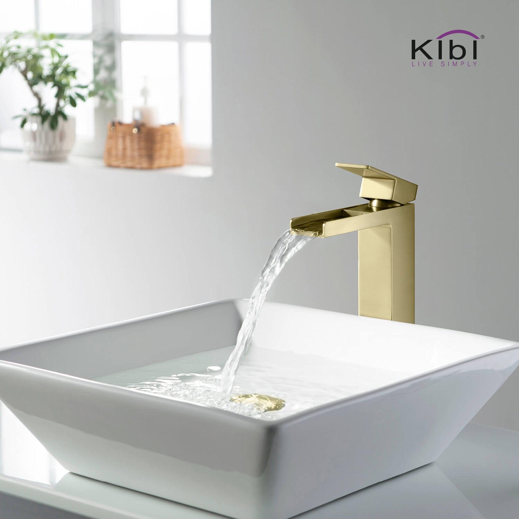 KIBI, KIBI Waterfall Single Handle Brushed Gold Solid Brass Bathroom Vanity Vessel Sink Faucet