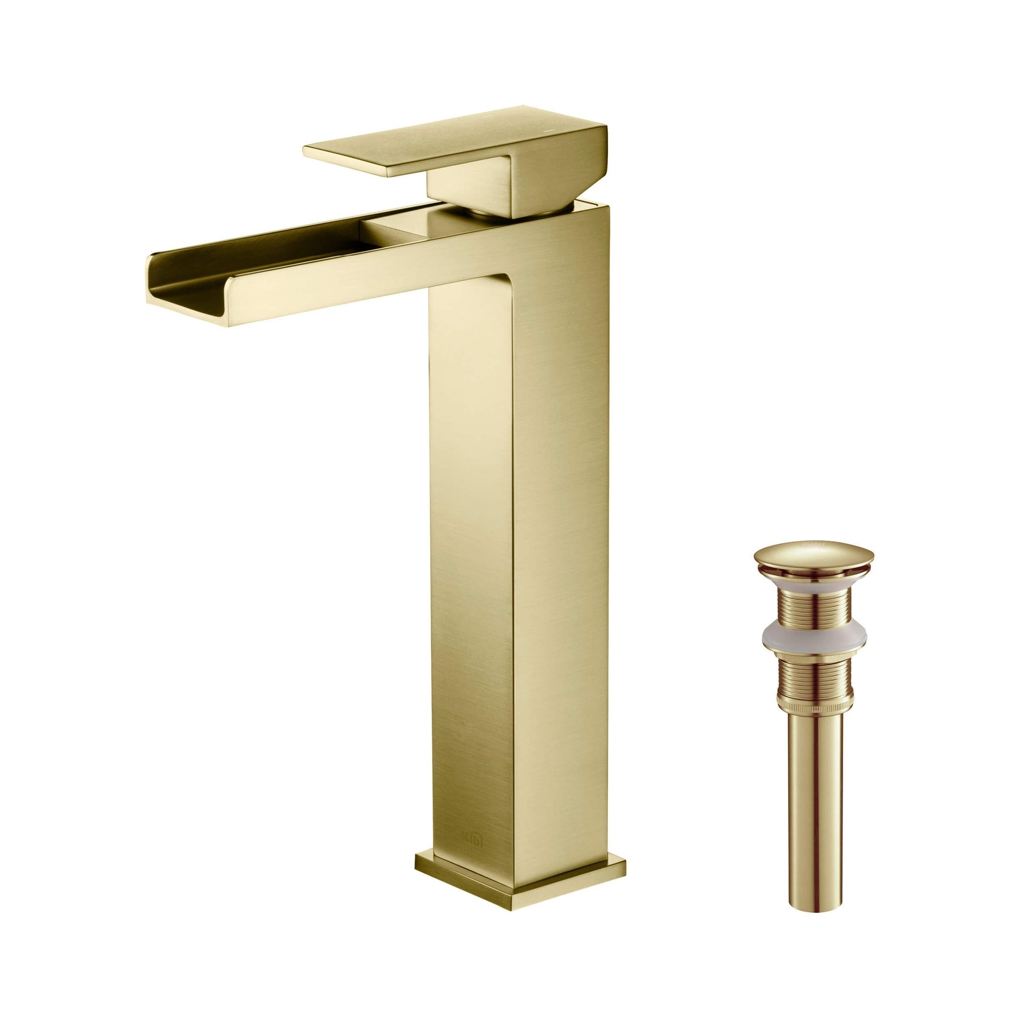 KIBI, KIBI Waterfall Single Handle Brushed Gold Solid Brass Bathroom Vanity Vessel Sink Faucet With Pop-Up Drain Stopper Small Cover Without Overflow