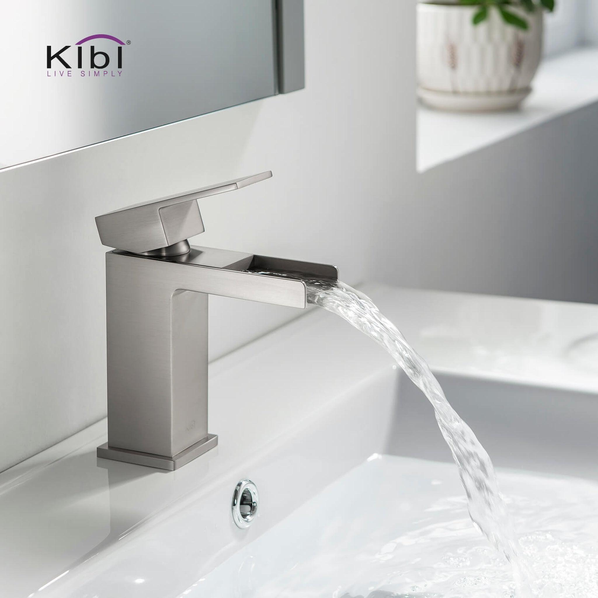 KIBI, KIBI Waterfall Single Handle Brushed Nickel Solid Brass Bathroom Vanity Sink Faucet