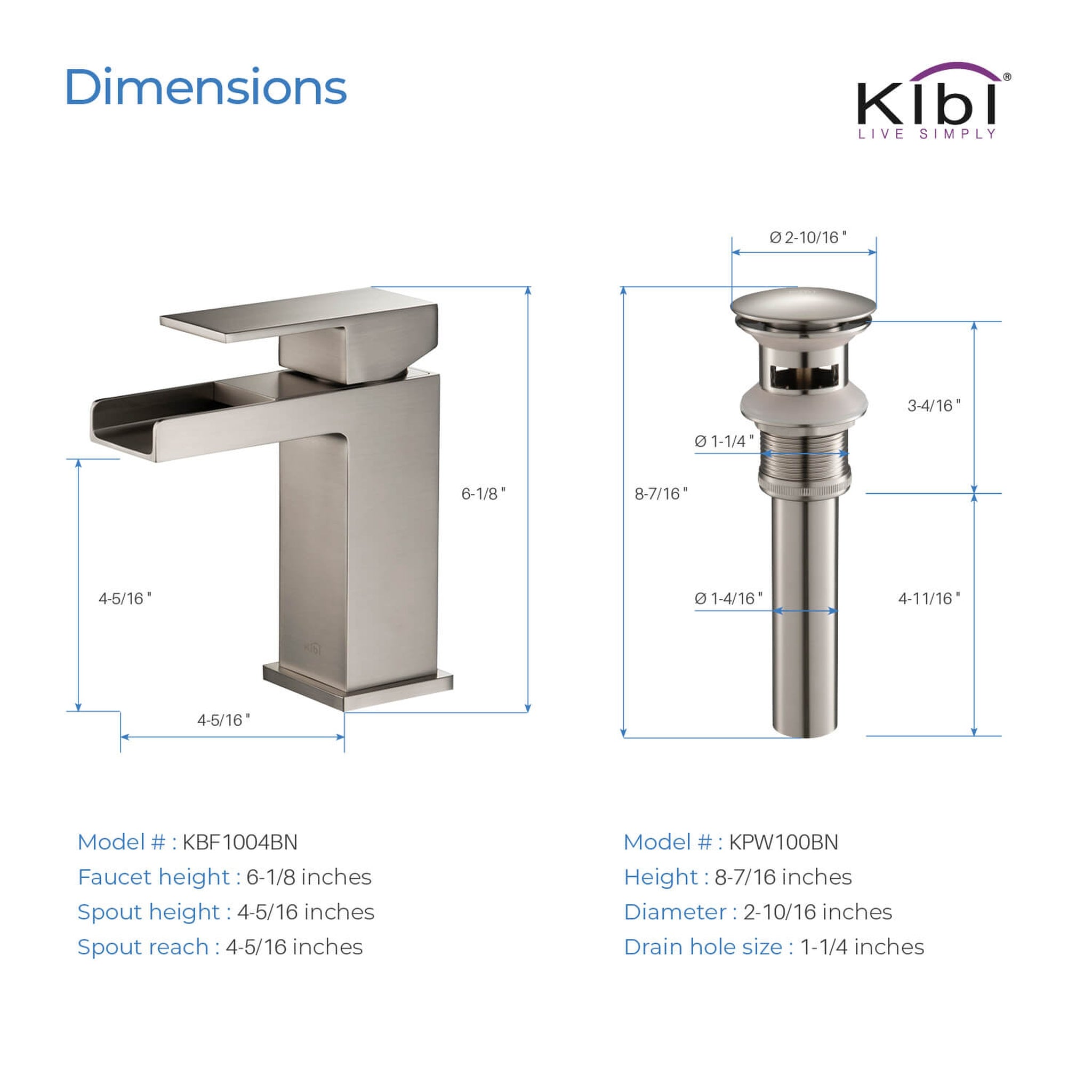 KIBI, KIBI Waterfall Single Handle Brushed Nickel Solid Brass Bathroom Vanity Sink Faucet With Pop-Up Drain Stopper Small Cover With Overflow