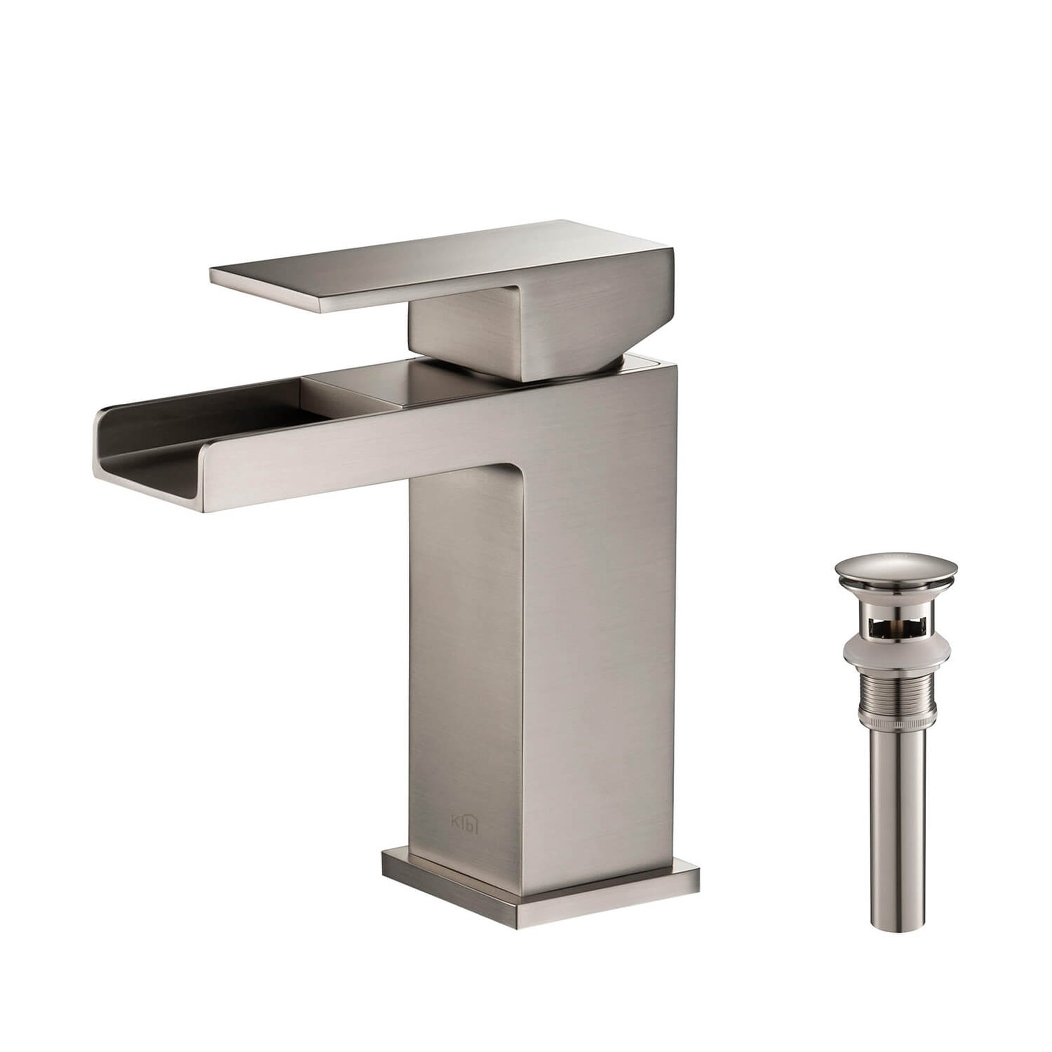 KIBI, KIBI Waterfall Single Handle Brushed Nickel Solid Brass Bathroom Vanity Sink Faucet With Pop-Up Drain Stopper Small Cover With Overflow