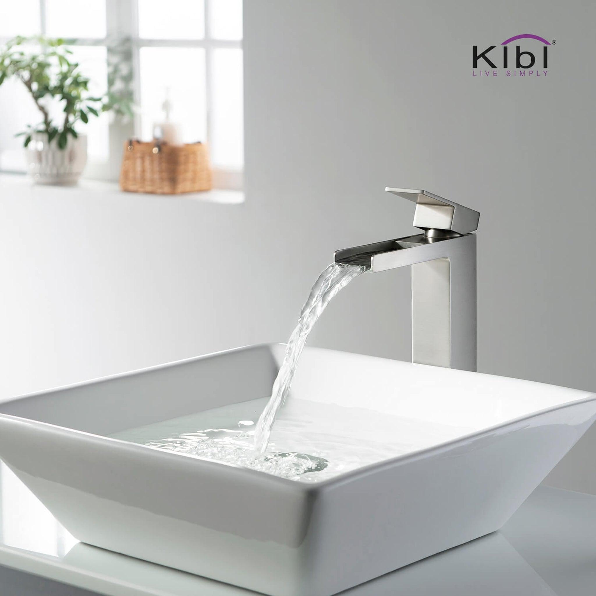 KIBI, KIBI Waterfall Single Handle Brushed Nickel Solid Brass Bathroom Vanity Vessel Sink Faucet