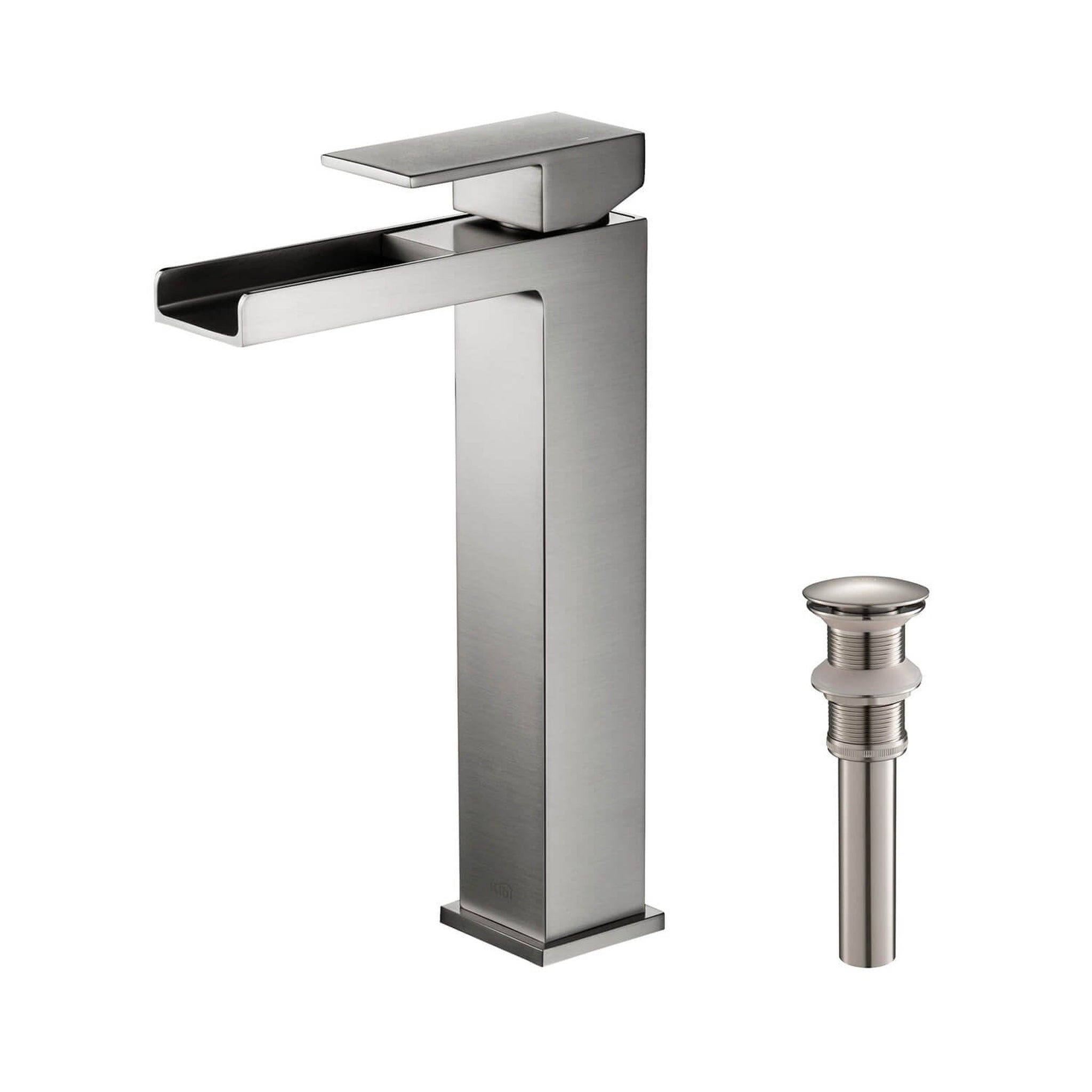 KIBI, KIBI Waterfall Single Handle Brushed Nickel Solid Brass Bathroom Vanity Vessel Sink Faucet With Pop-Up Drain Stopper Small Cover Without Overflow