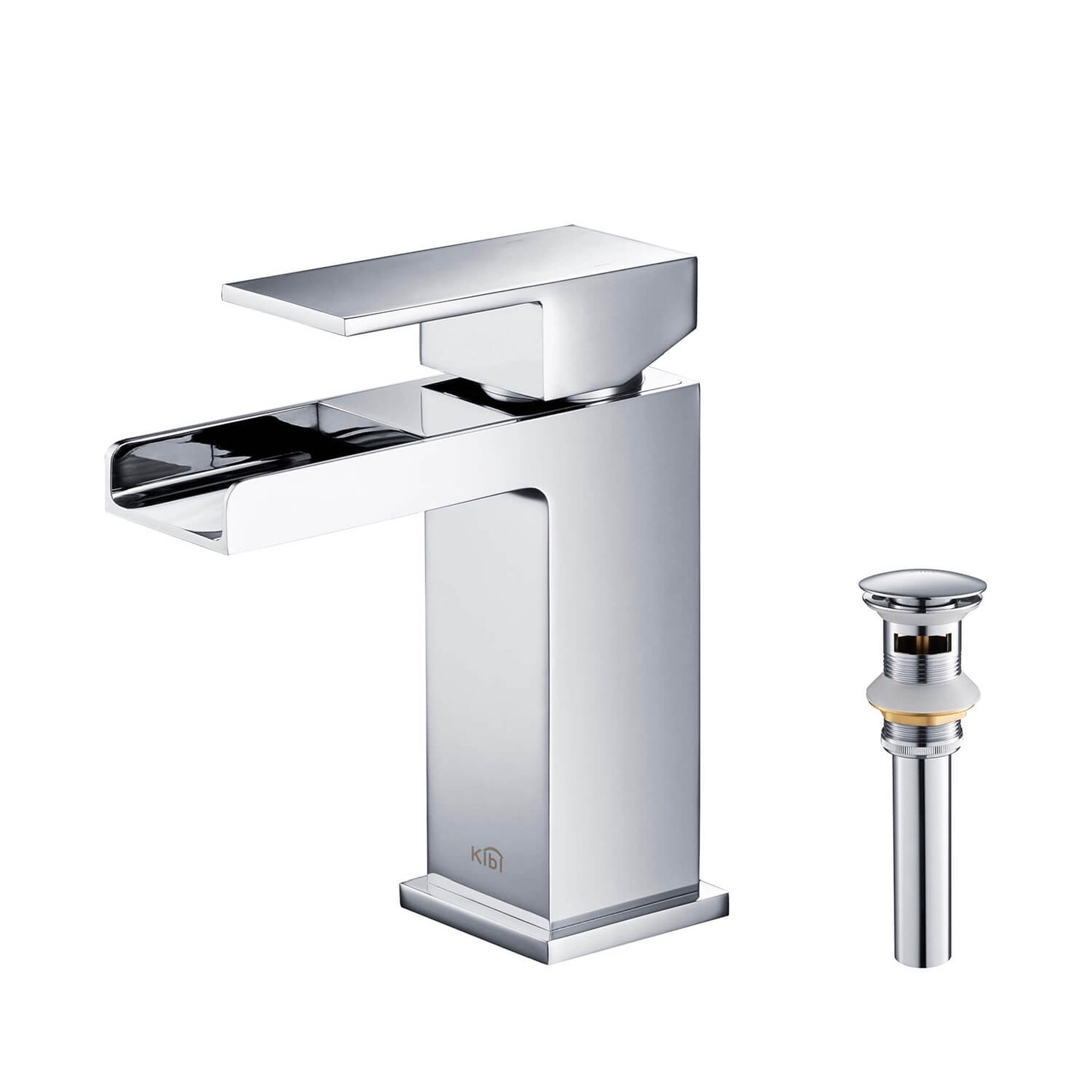 KIBI, KIBI Waterfall Single Handle Chrome Solid Brass Bathroom Vanity Sink Faucet With Pop-Up Drain Stopper Small Cover With Overflow