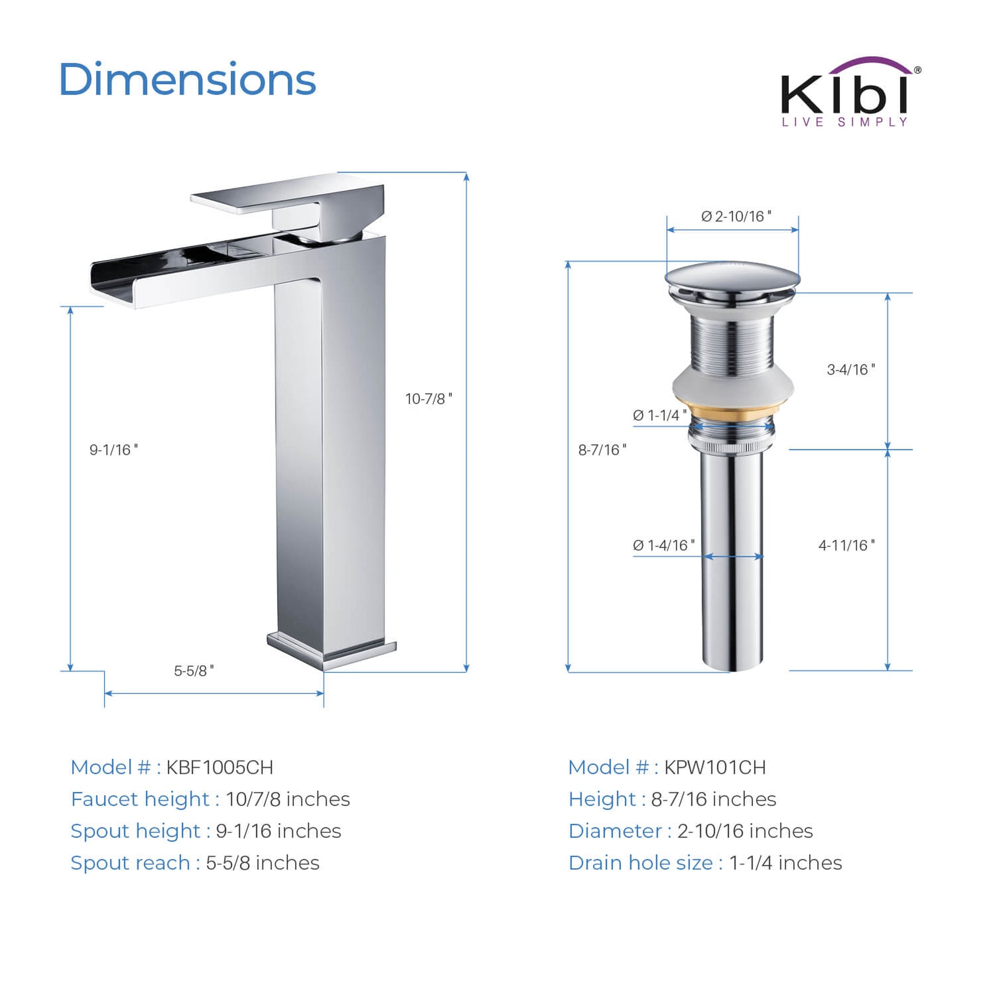 KIBI, KIBI Waterfall Single Handle Chrome Solid Brass Bathroom Vanity Vessel Sink Faucet With Pop-Up Drain Stopper Small Cover Without Overflow