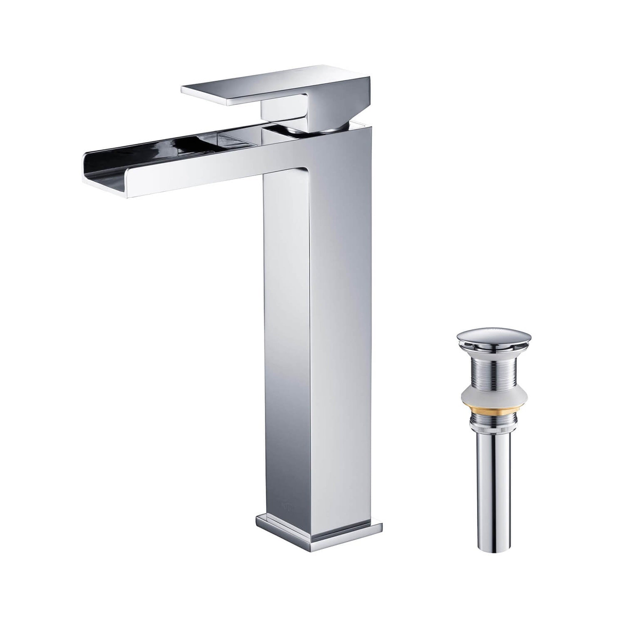 KIBI, KIBI Waterfall Single Handle Chrome Solid Brass Bathroom Vanity Vessel Sink Faucet With Pop-Up Drain Stopper Small Cover Without Overflow