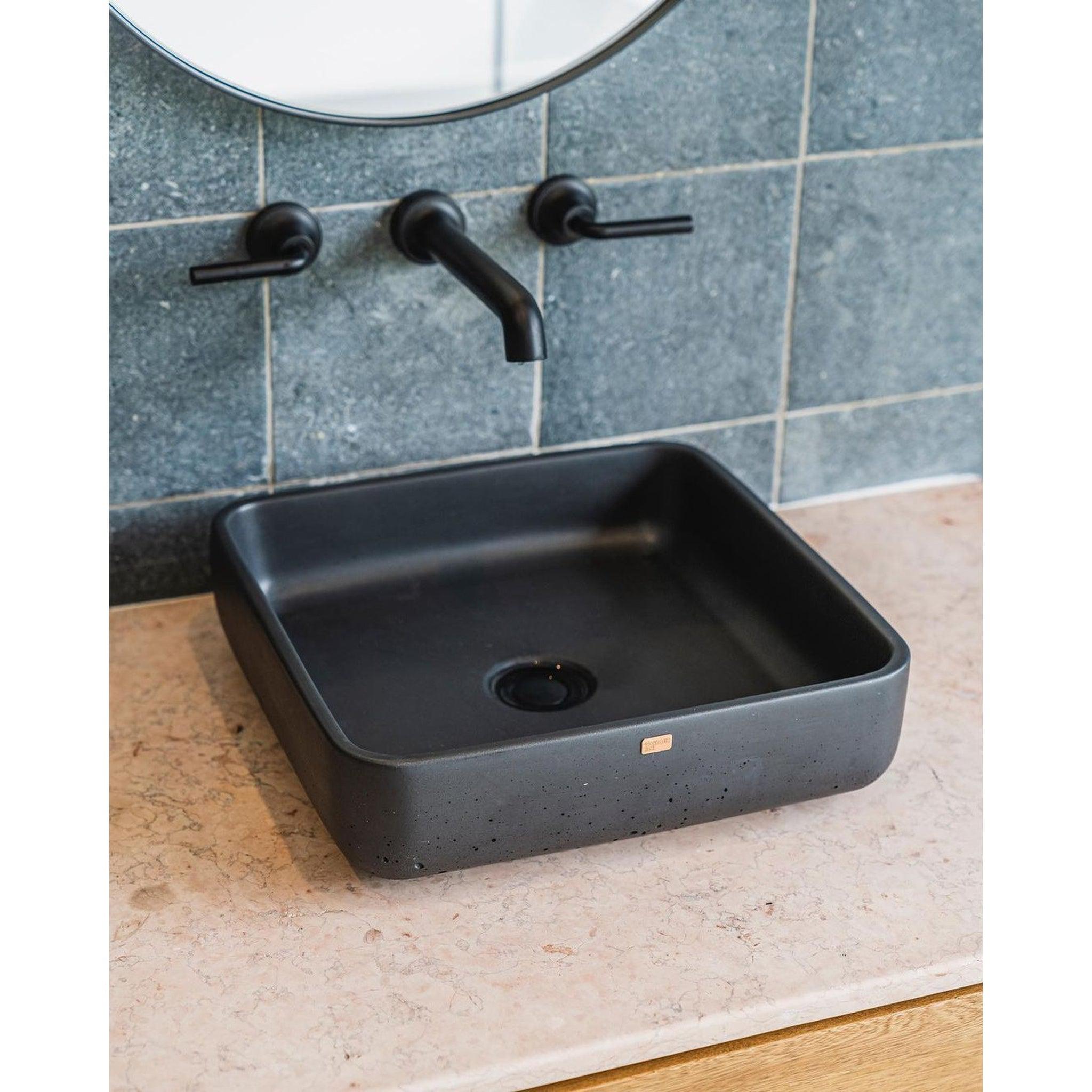 Konkretus, Konkretus Fladd03 15" Coal Black Top Mount Square Vessel Concrete Bathroom Sink