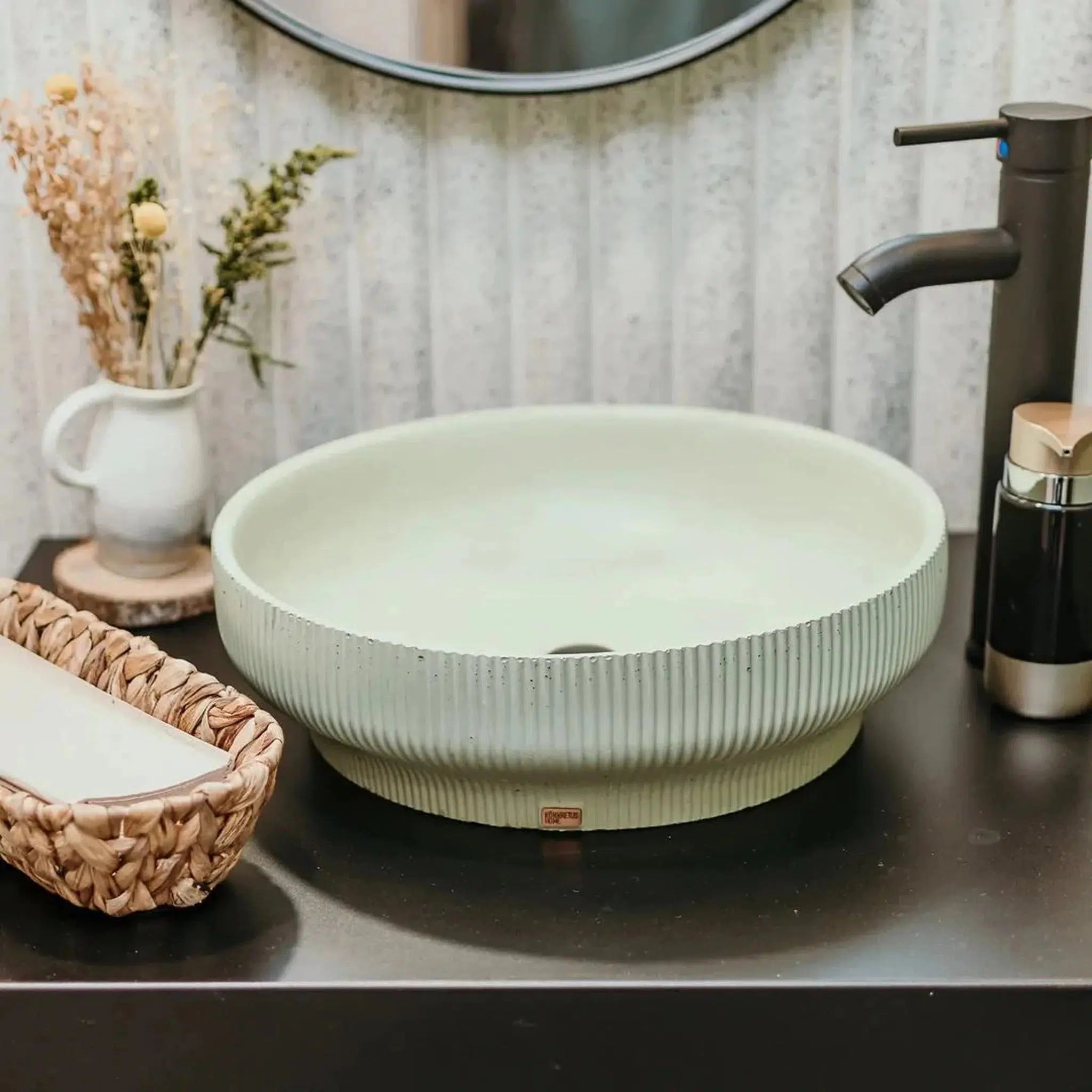 Konkretus, Konkretus Lotus01 15" Ceiba Green Top Mount Vessel Concrete Bathroom Sink