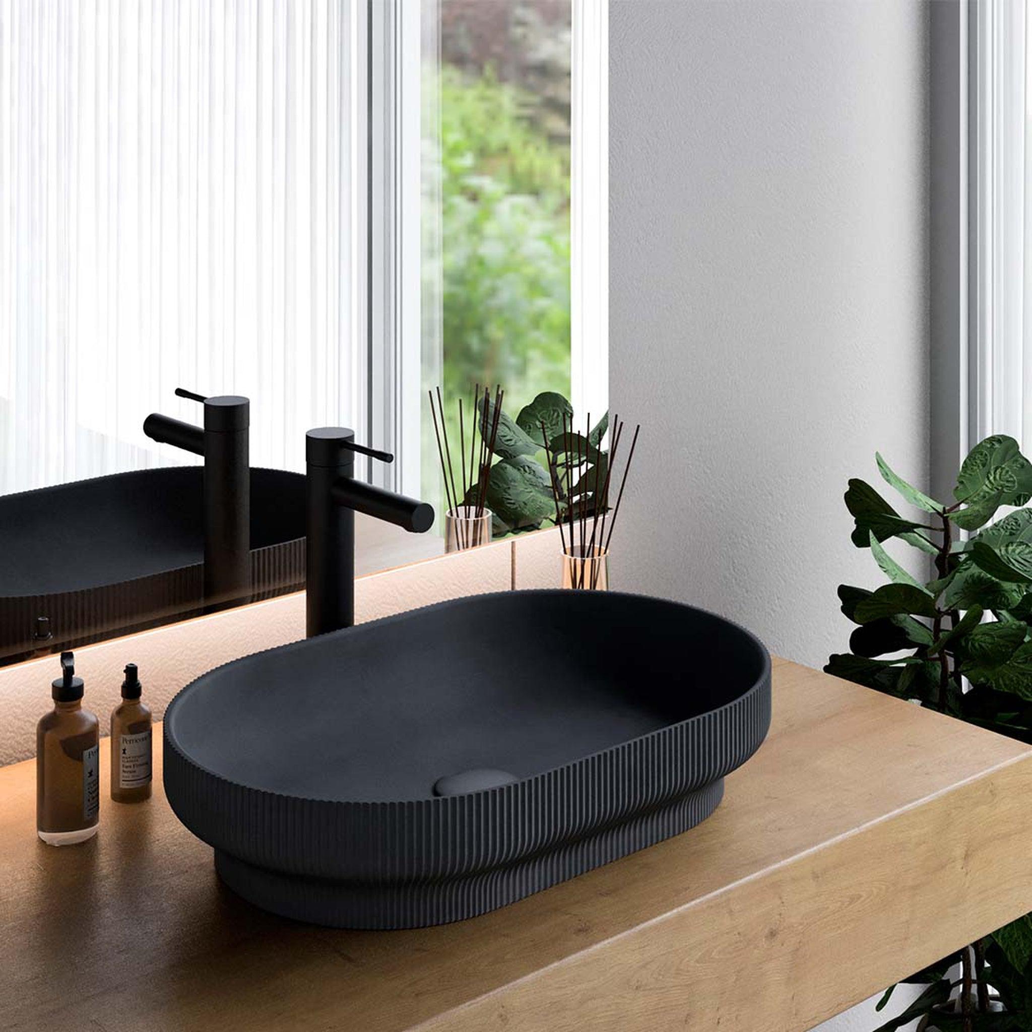 Konkretus, Konkretus Lotus02 22" Coal Black Top Mount Oval Vessel Concrete Bathroom Sink