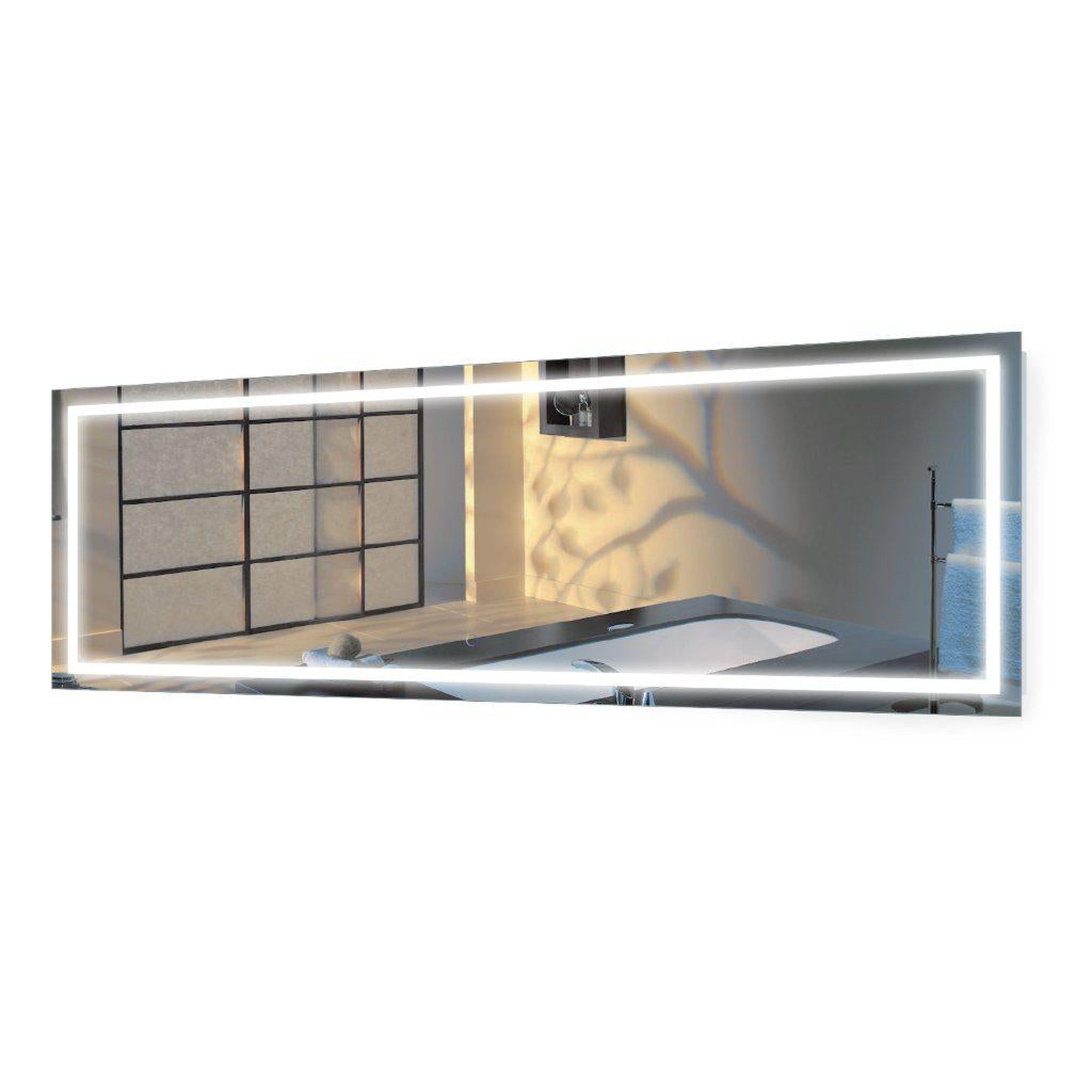Krugg Reflections, Krugg Reflections Icon 84" x 30" 5000K Rectangular Wall-Mounted Illuminated Silver Backed LED Mirror With Built-in Defogger and Touch Sensor On/Off Built-in Dimmer