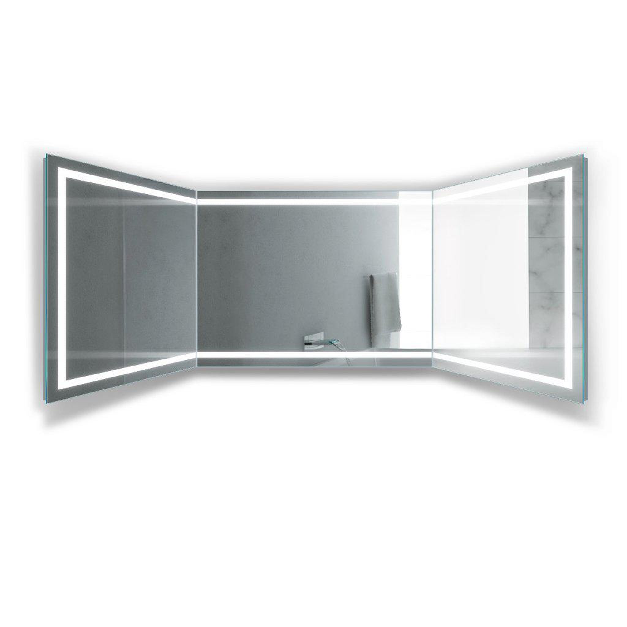 Krugg Reflections, Krugg Reflections Mod 120" x 36" 5000K Long Modular Corner Wall-Mounted Silver-Backed LED Bathroom Vanity Mirror With Built-in Defogger and Dimmer