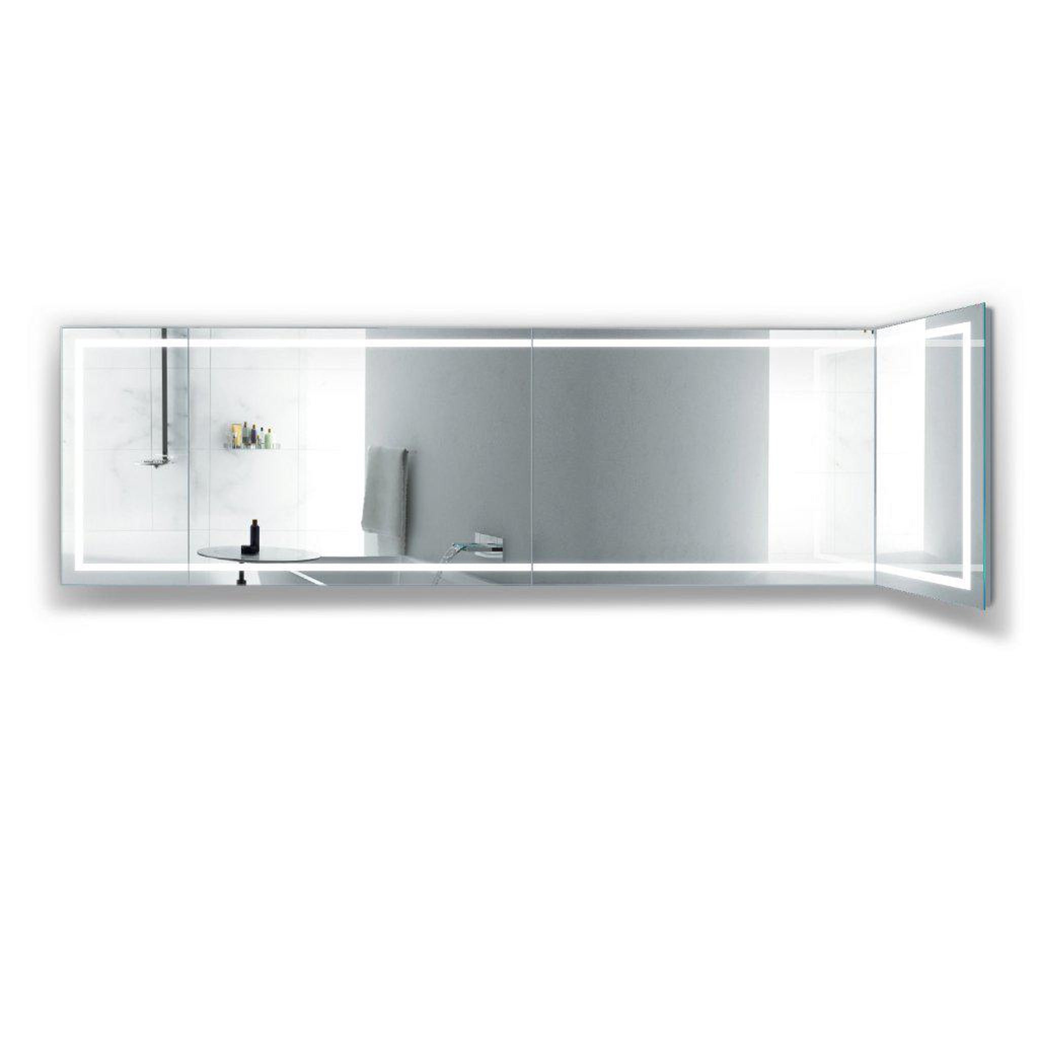 Krugg Reflections, Krugg Reflections Mod 132" x 36" 5000K Long Modular Corner Wall-Mounted Silver-Backed LED Bathroom Vanity Mirror With Built-in Defogger and Dimmer