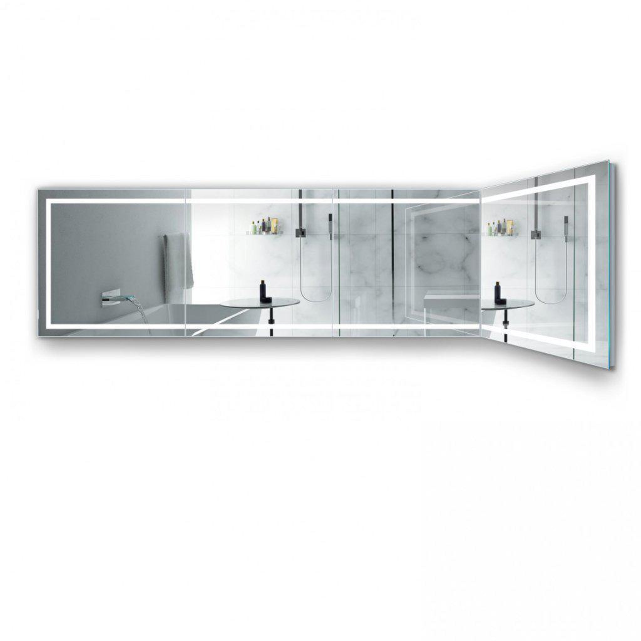 Krugg Reflections, Krugg Reflections Mod 144" x 36" 5000K Long Modular Corner Wall-Mounted Silver-Backed LED Bathroom Vanity Mirror With Built-in Defogger and Dimmer