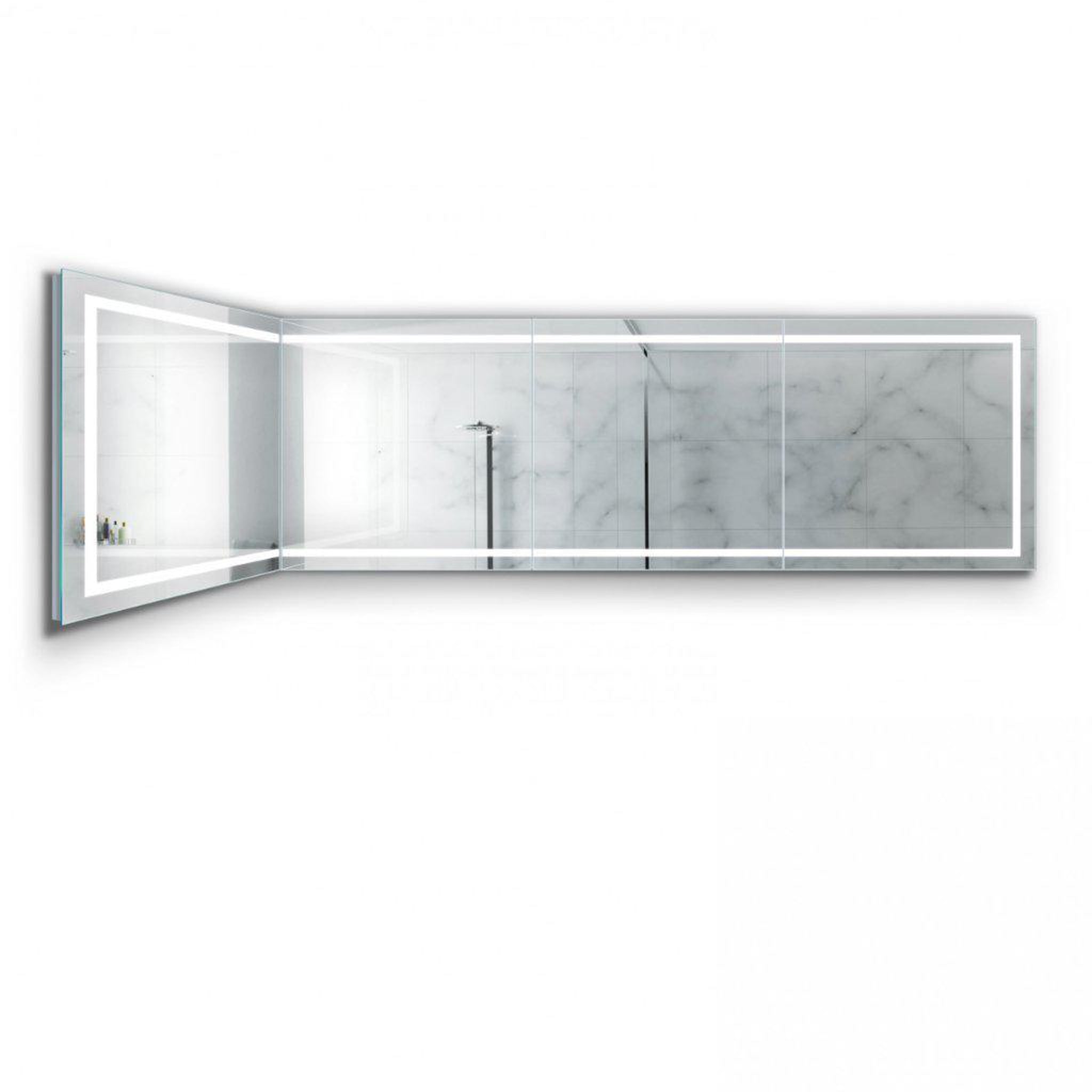 Krugg Reflections, Krugg Reflections Mod 144" x 36" 5000K Long Modular Corner Wall-Mounted Silver-Backed LED Bathroom Vanity Mirror With Built-in Defogger and Dimmer