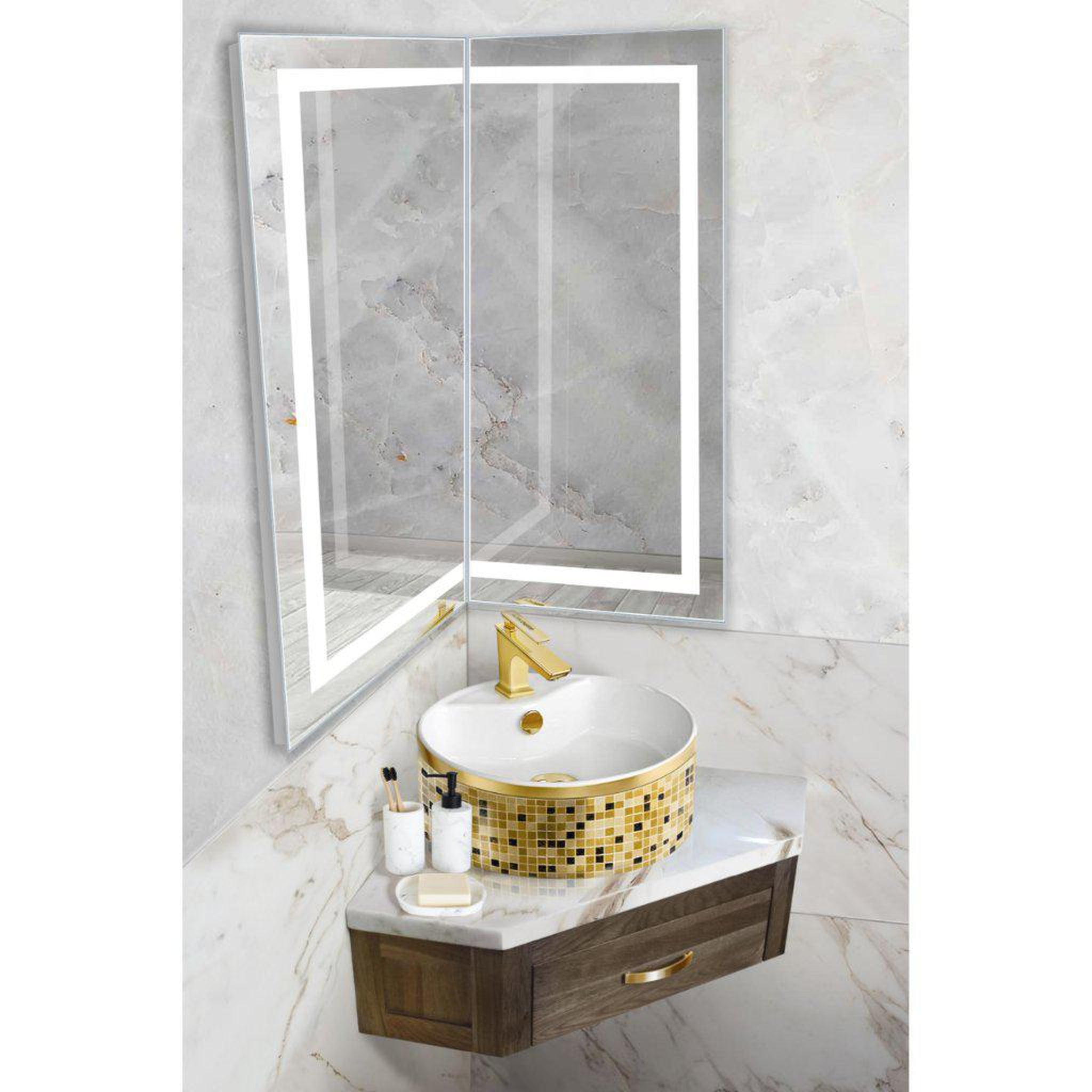 Krugg Reflections, Krugg Reflections Mod 36" x 36" 18D 5000K Rectangular Modular Corner Wall-Mounted Silver-Backed LED Bathroom Vanity Mirror With Built-in Defogger and Dimmer