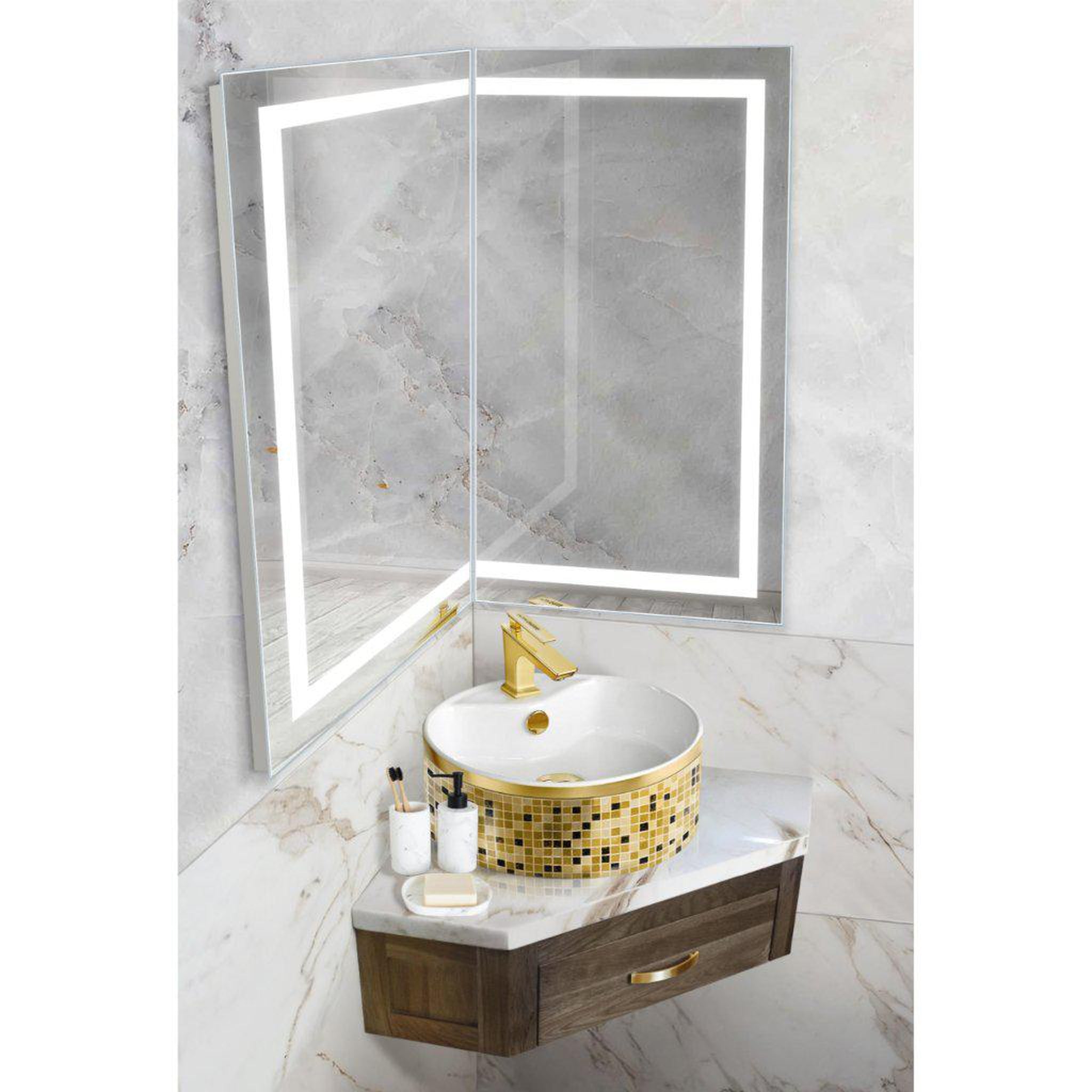 Krugg Reflections, Krugg Reflections Mod 42" x 36" 21D 5000K Rectangular Modular Corner Wall-Mounted Silver-Backed LED Bathroom Vanity Mirror With Built-in Defogger and Dimmer