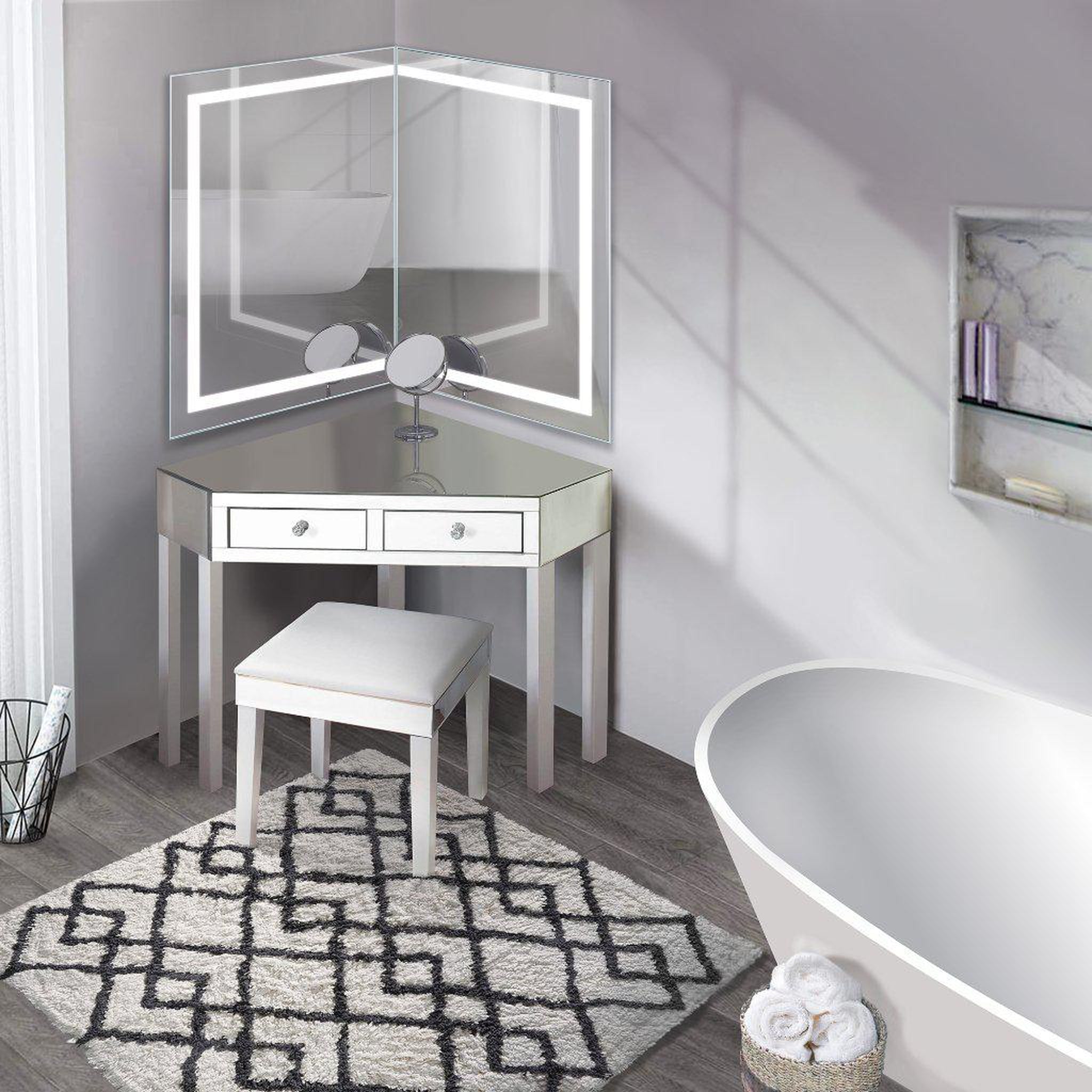 Krugg Reflections, Krugg Reflections Mod 48" x 36" 24D 5000K Rectangular Modular Corner Wall-Mounted Silver-Backed LED Bathroom Vanity Mirror With Built-in Defogger and Dimmer