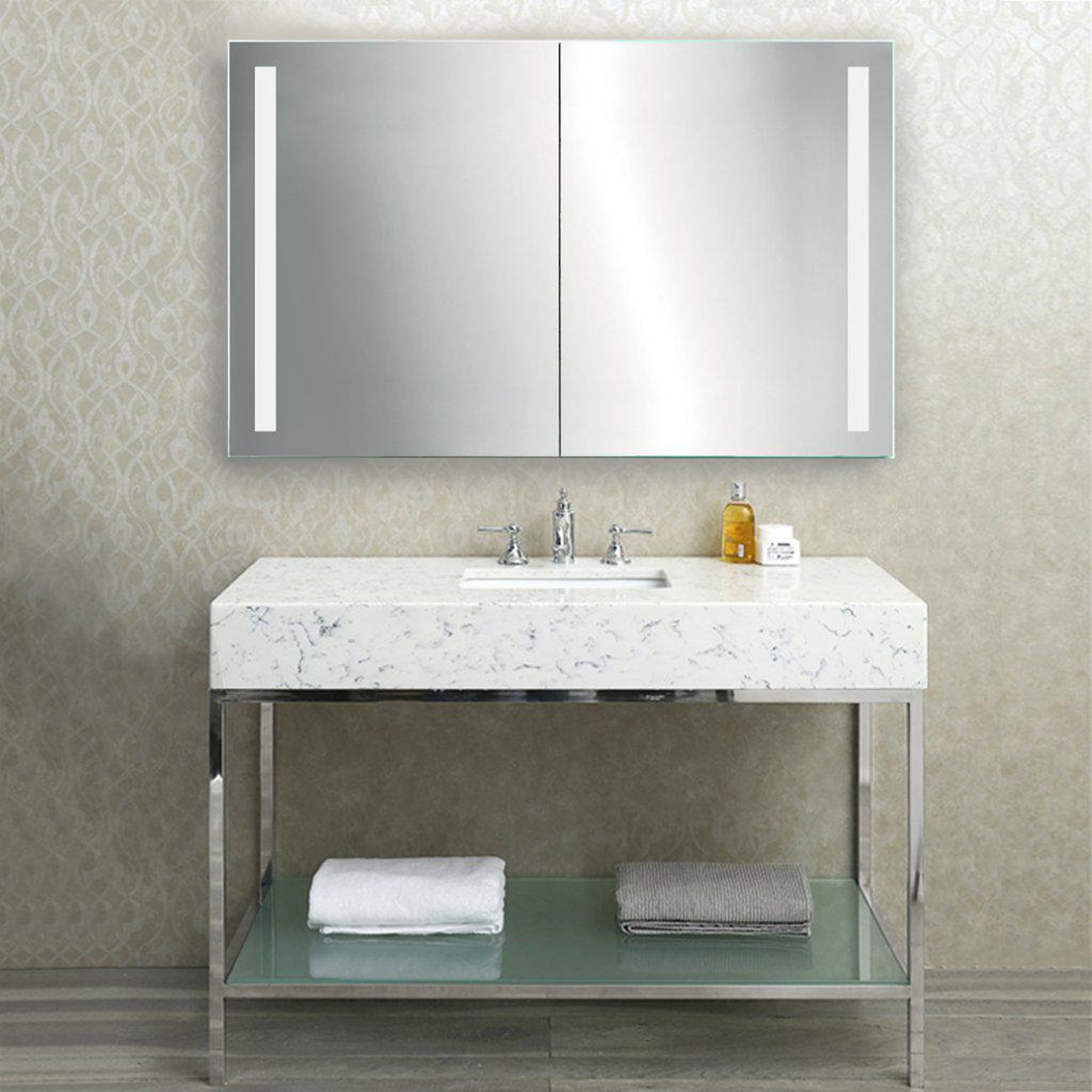Krugg Reflections, Krugg Reflections Rolls 48" x 30" Double Dual Opening Rectangular Recessed/Surface-Mount Illuminated Silver Backed LED Medicine Cabinet Mirror With Built-in Defogger, Dimmer and Electrical Outlet